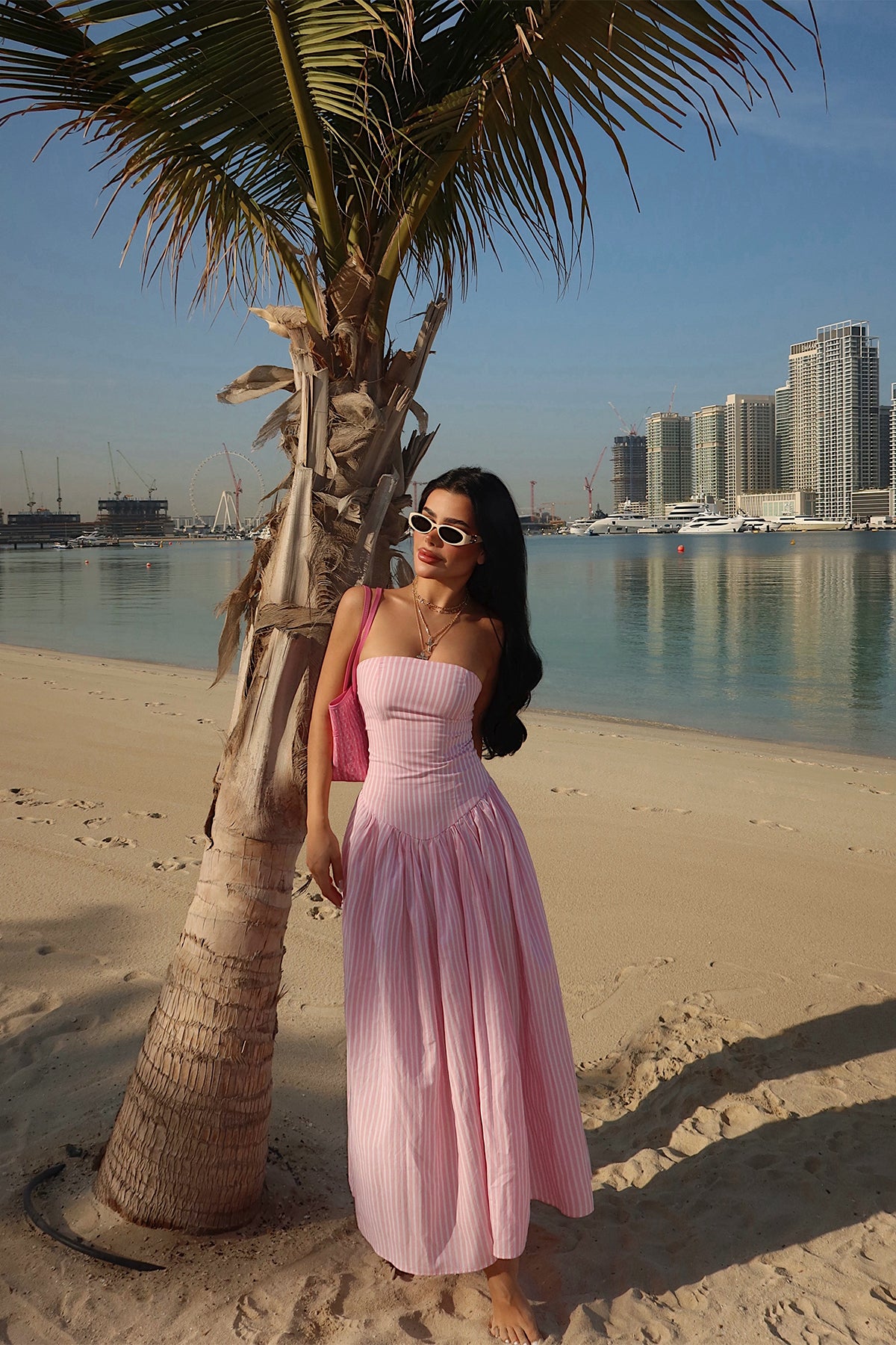 Pink Stripe Detail Strapless Dress