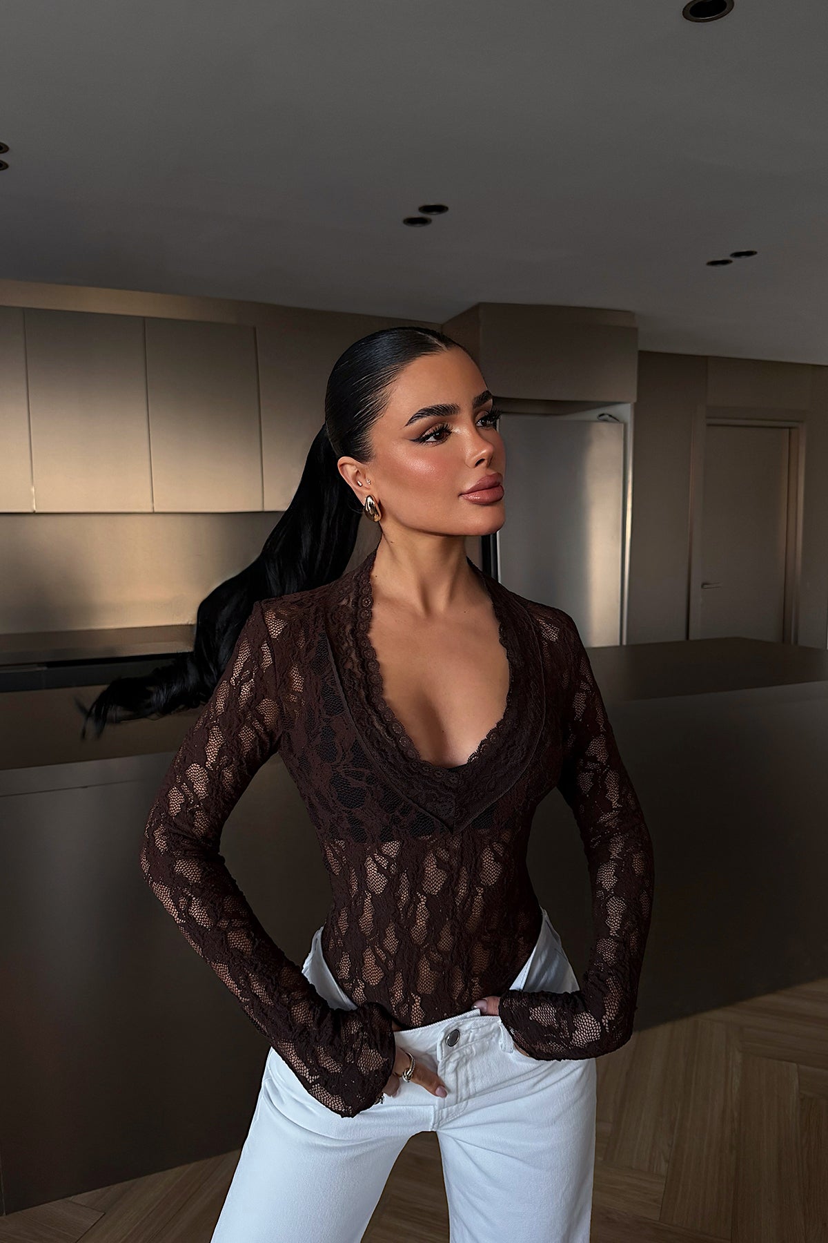 Acı Kahve Transparan Dantel Bluz 12