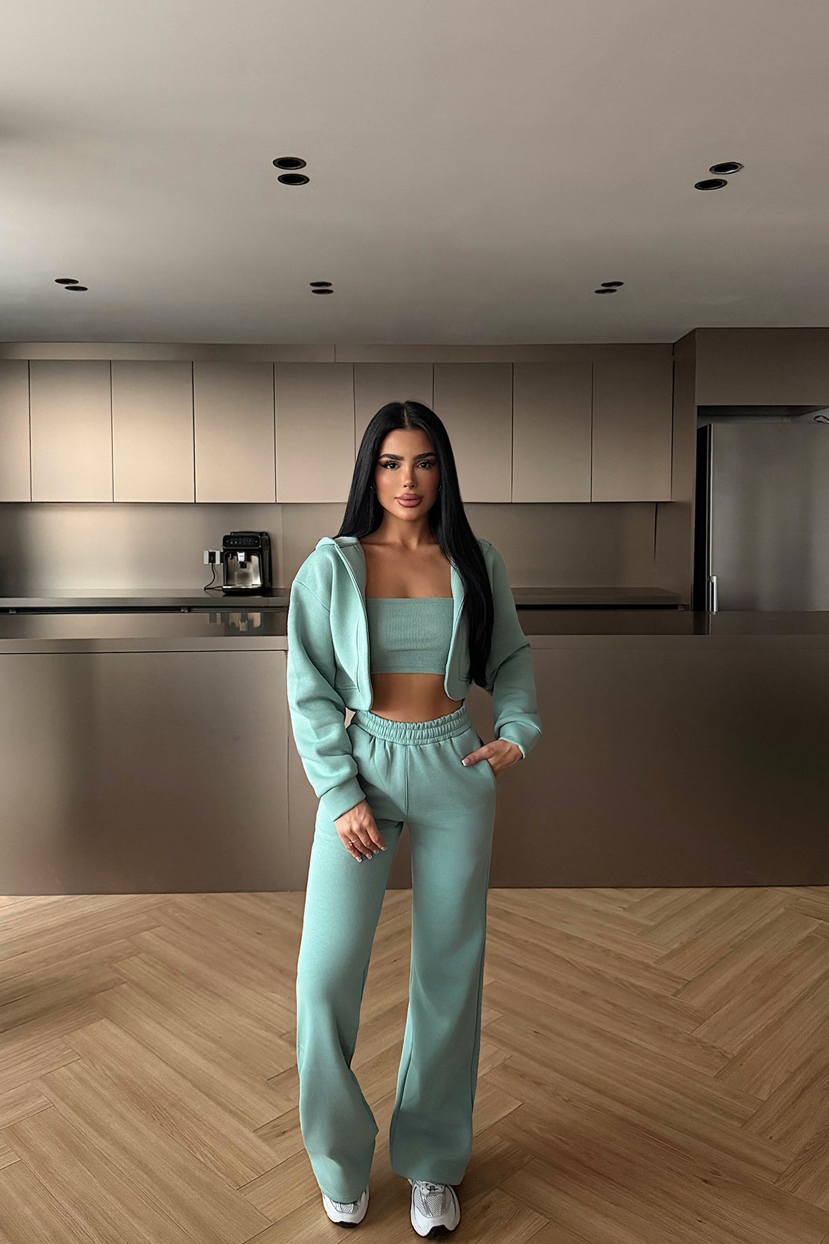Aqua Green Hooded Three-Piece Set
