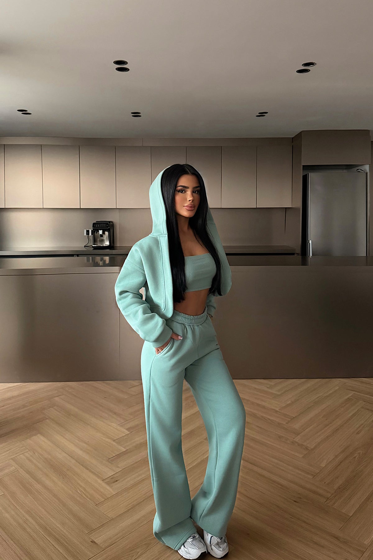 Aqua Green Hooded Three-Piece Set