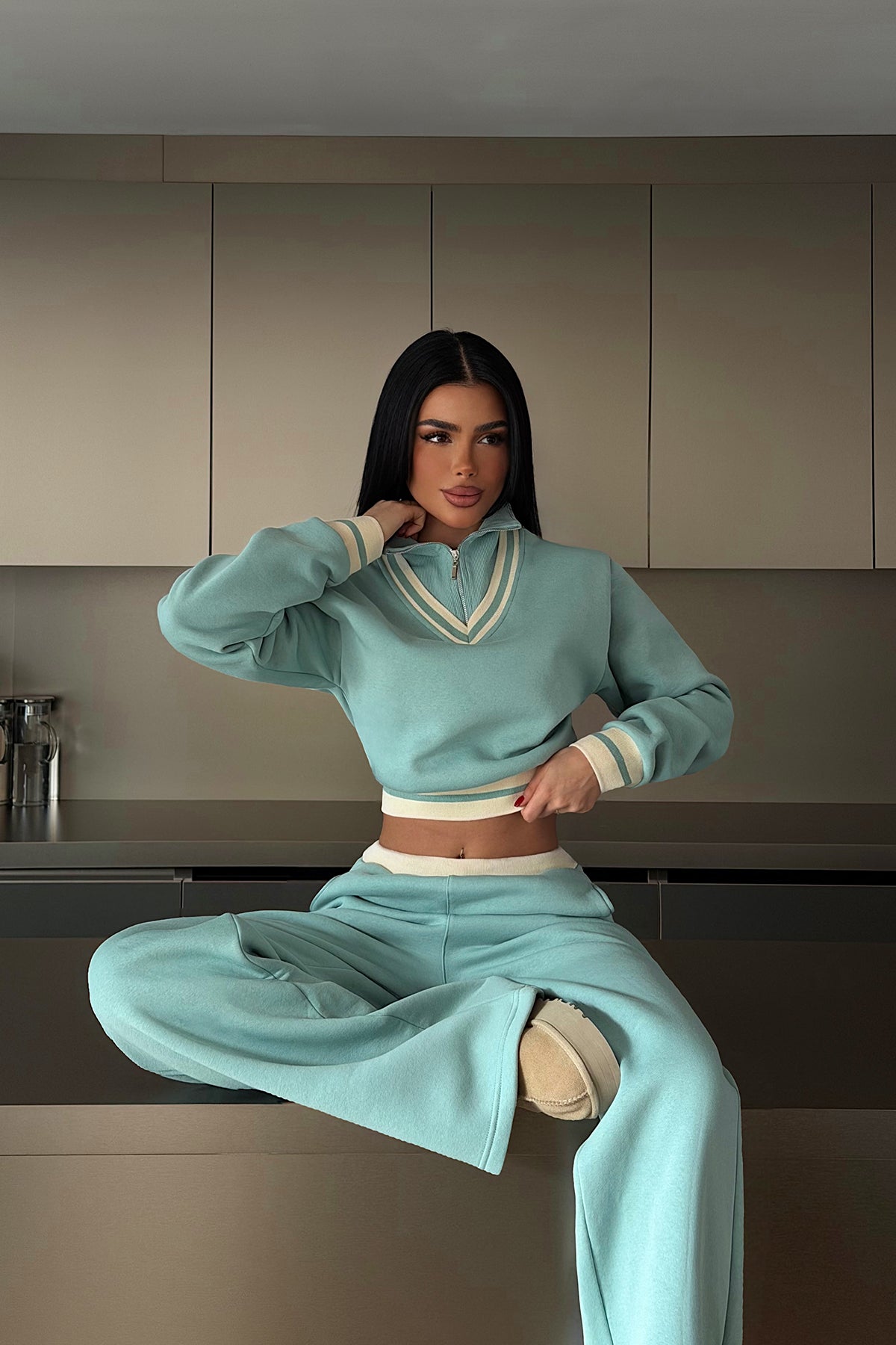 Aqua Green Turtleneck Tracksuit Set