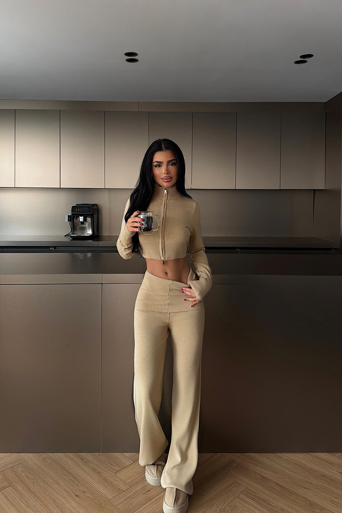 Beige Double Zip Knit Set