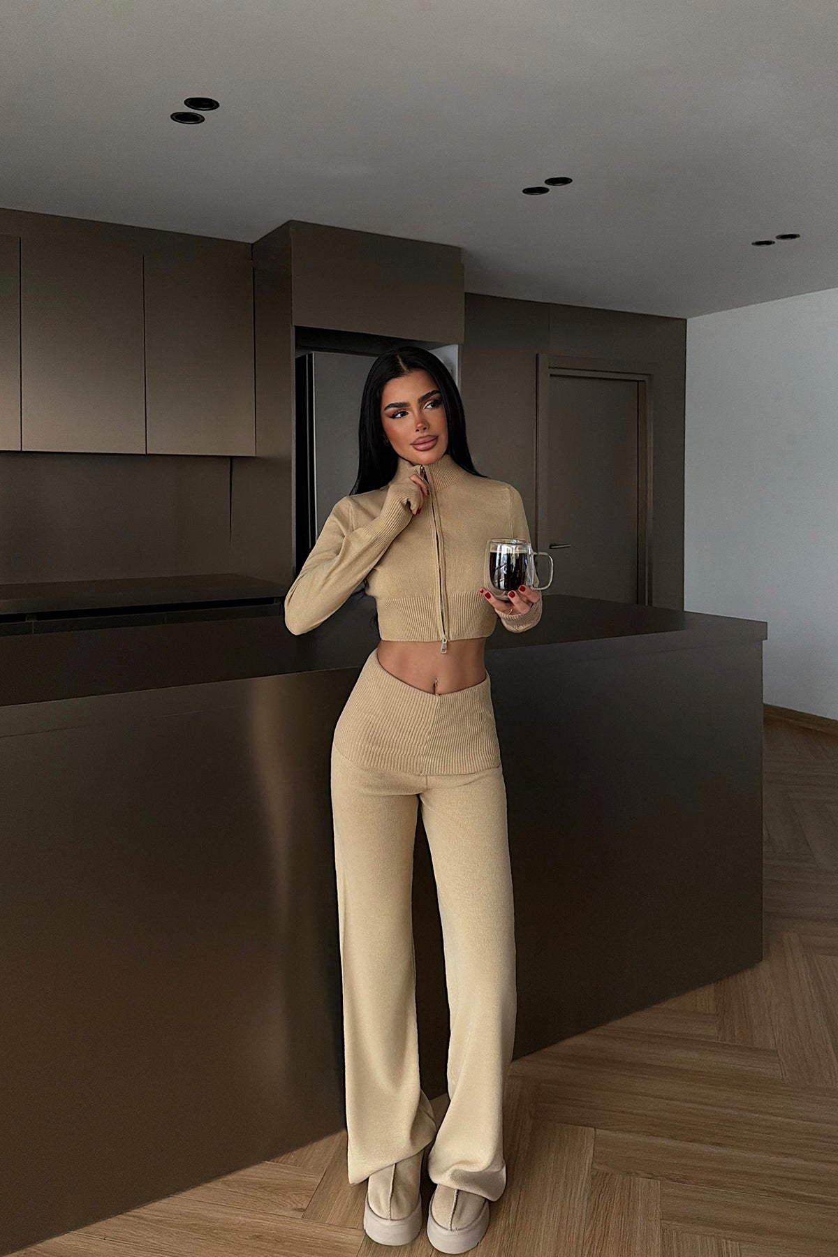 Beige Double Zip Knit Set