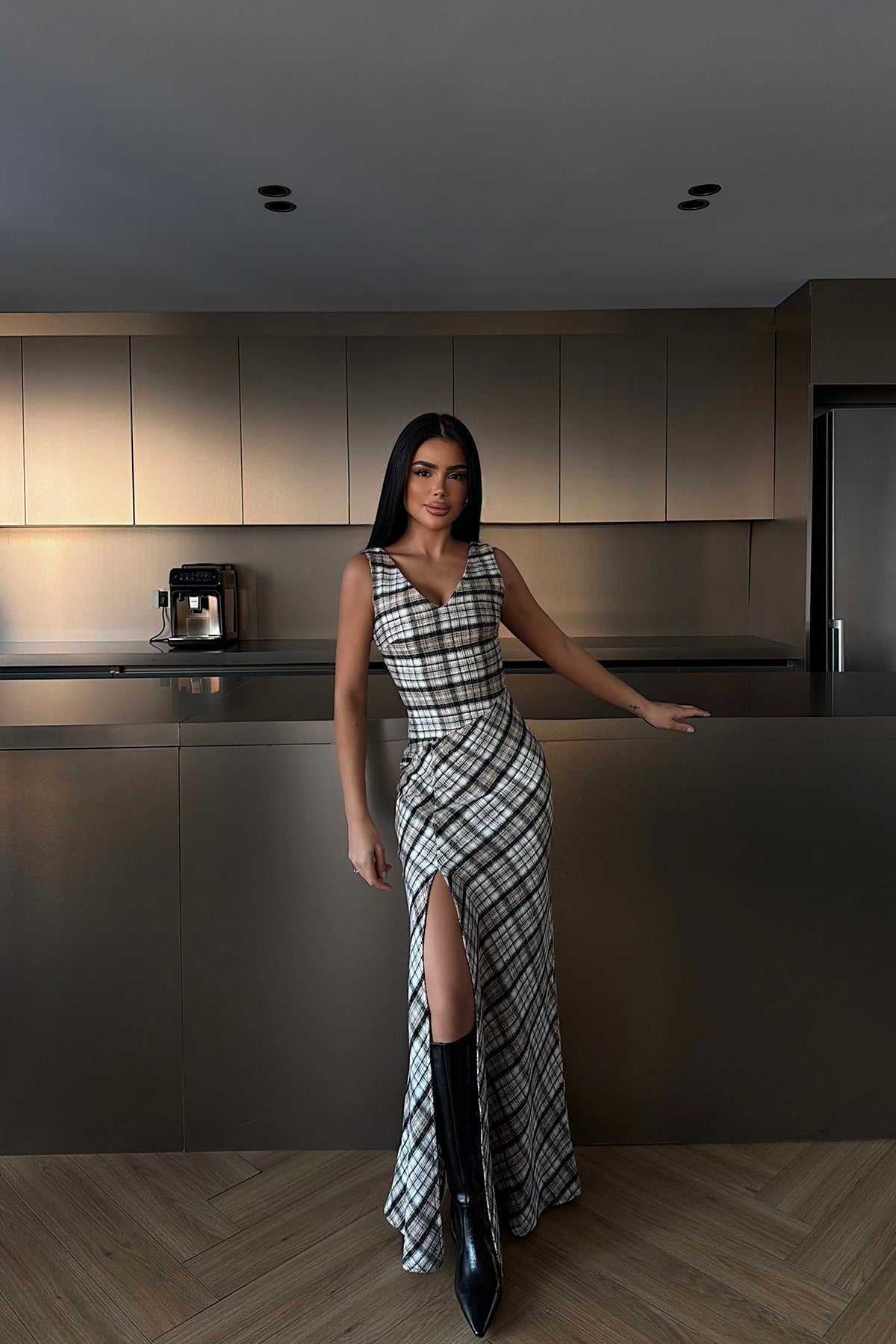 Beige Plaid Dress