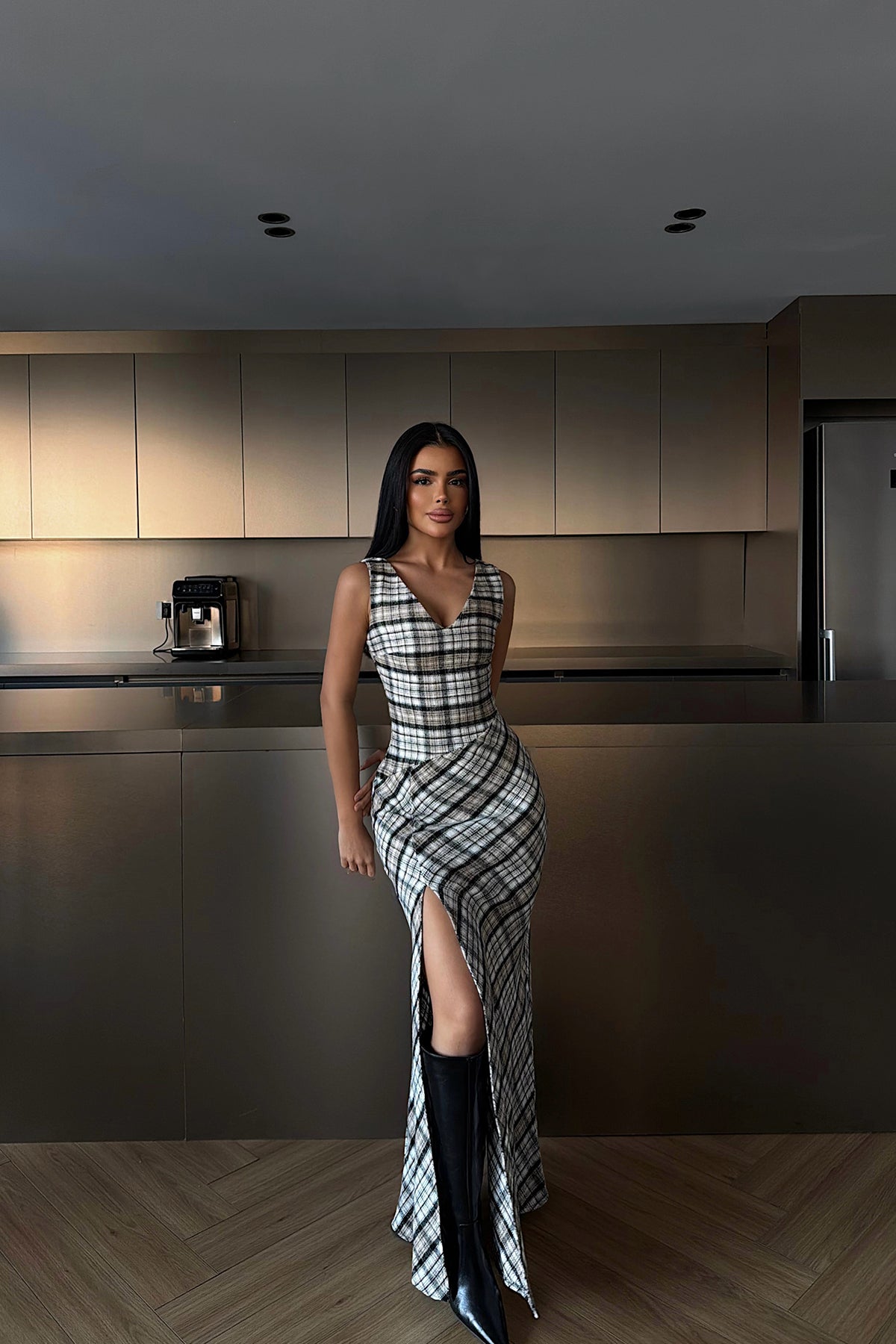 Beige Plaid Dress