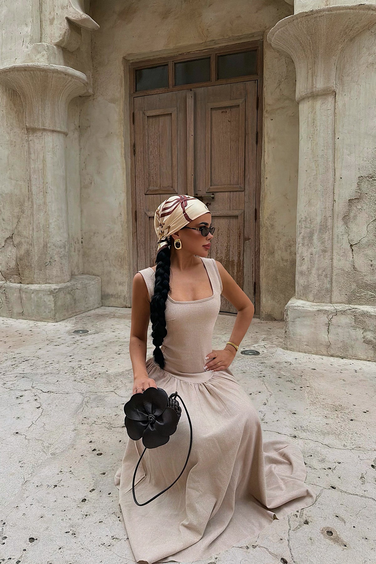 Beige Square Neck Midi Dress
