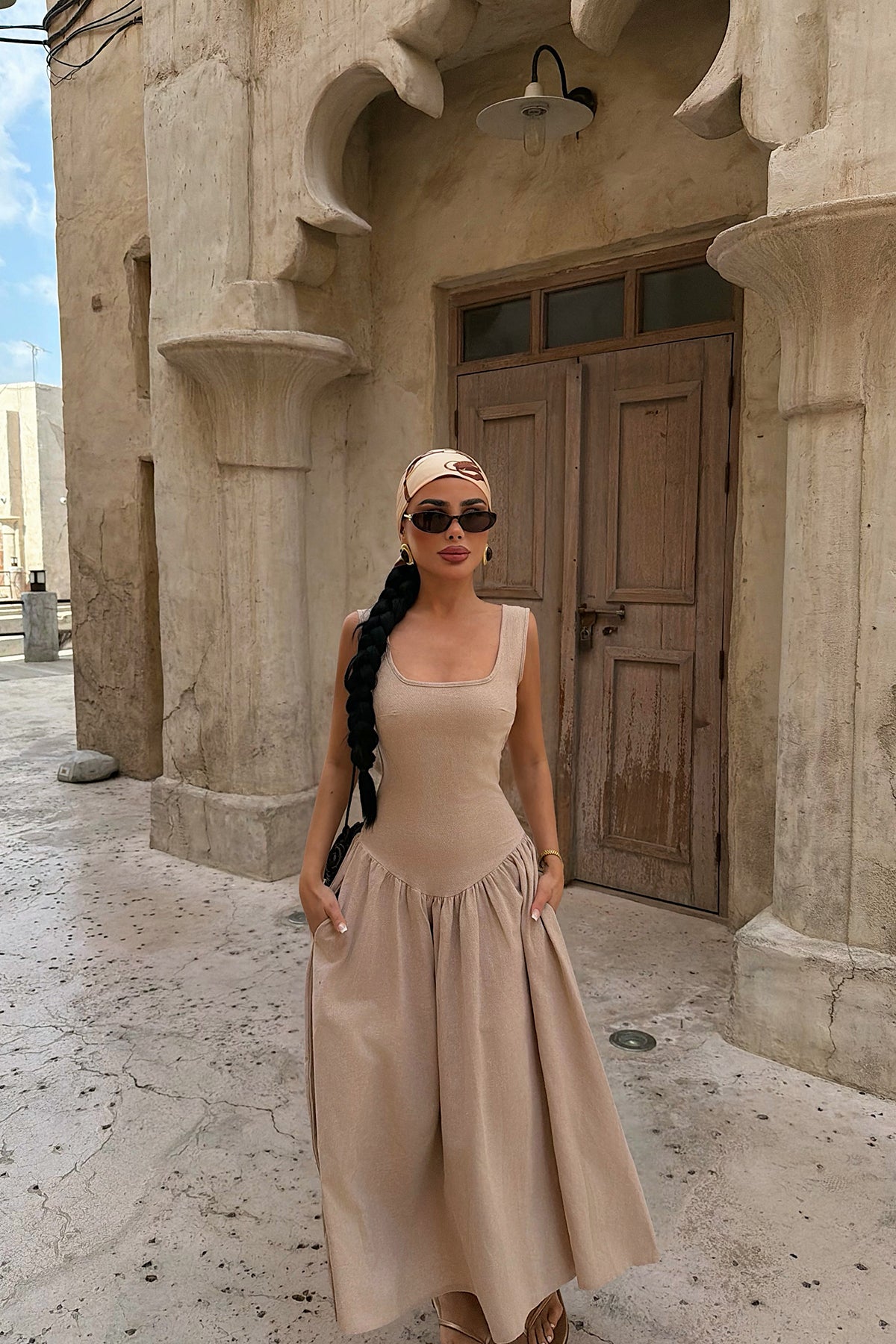 Beige Square Neck Midi Dress