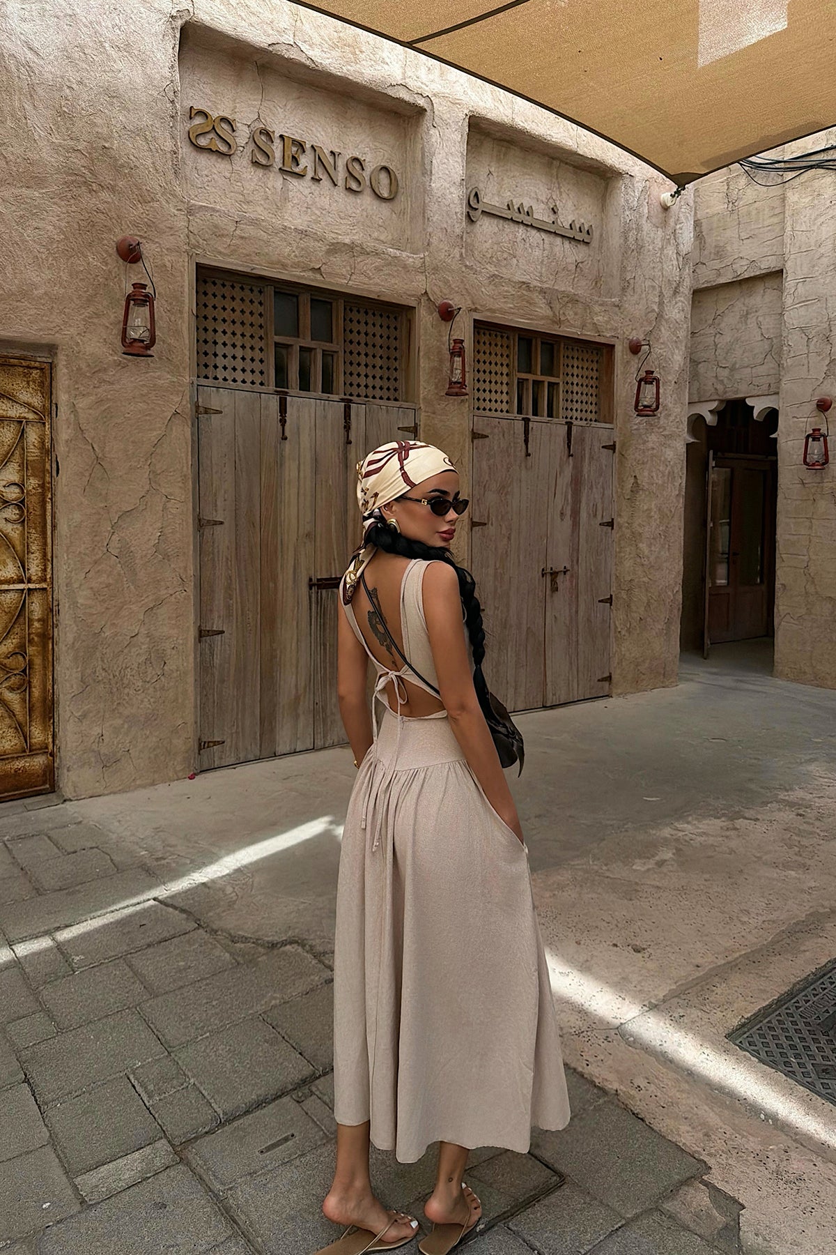 Beige Square Neck Midi Dress