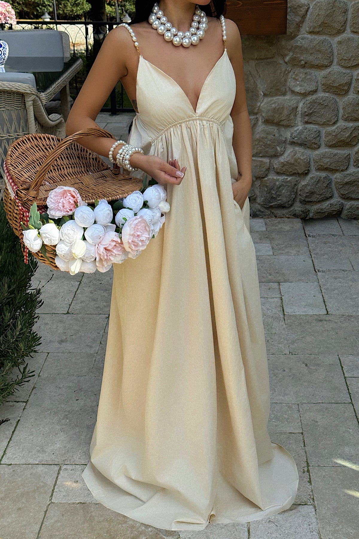 Beige Strappy V-Neck Dress