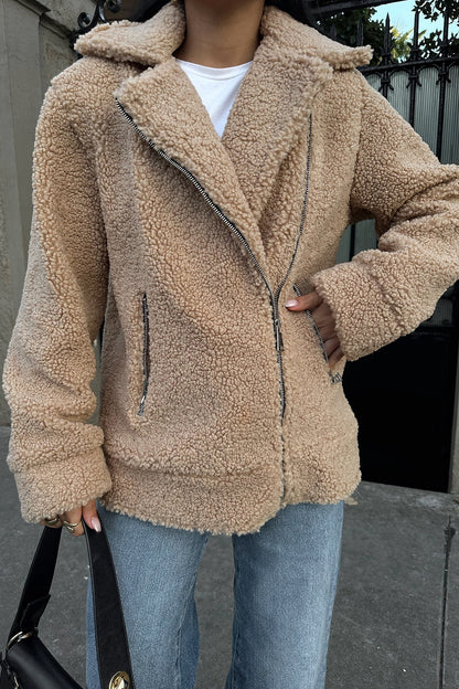 Beige Zipper Detail Teddy Jacket