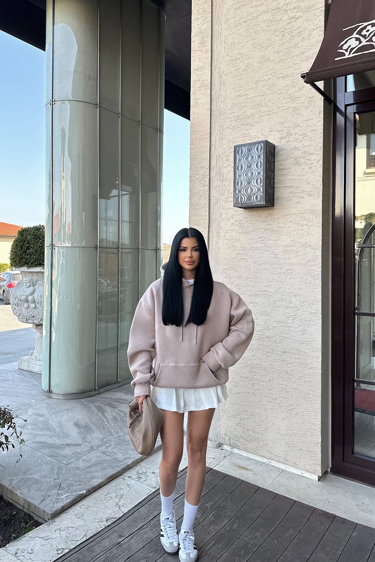 Beige Hooded E Embroidered Sweat