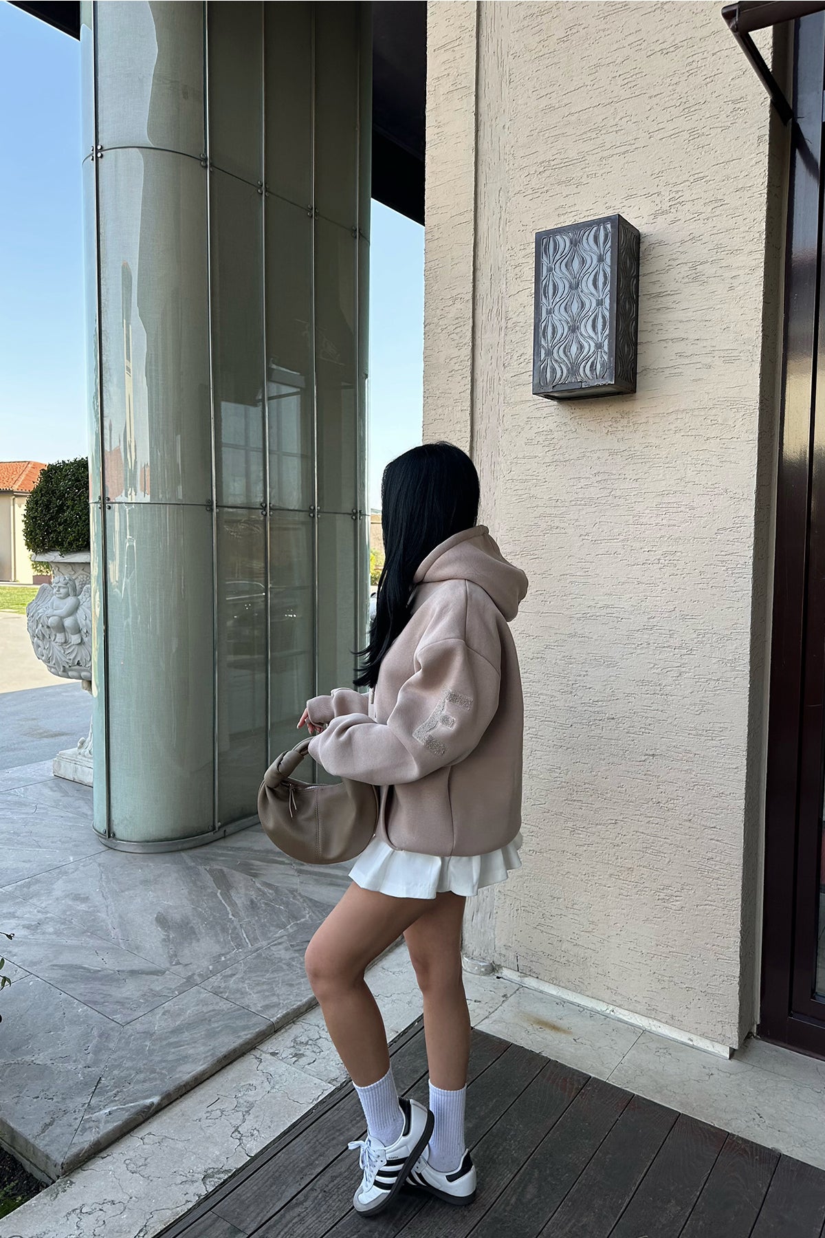 Beige Hooded E Embroidered Sweat