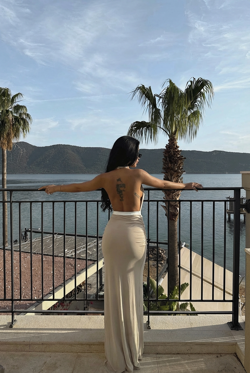 Bej Giselle Fiyonk Detaylı Yırtmaçlı Elbise 12