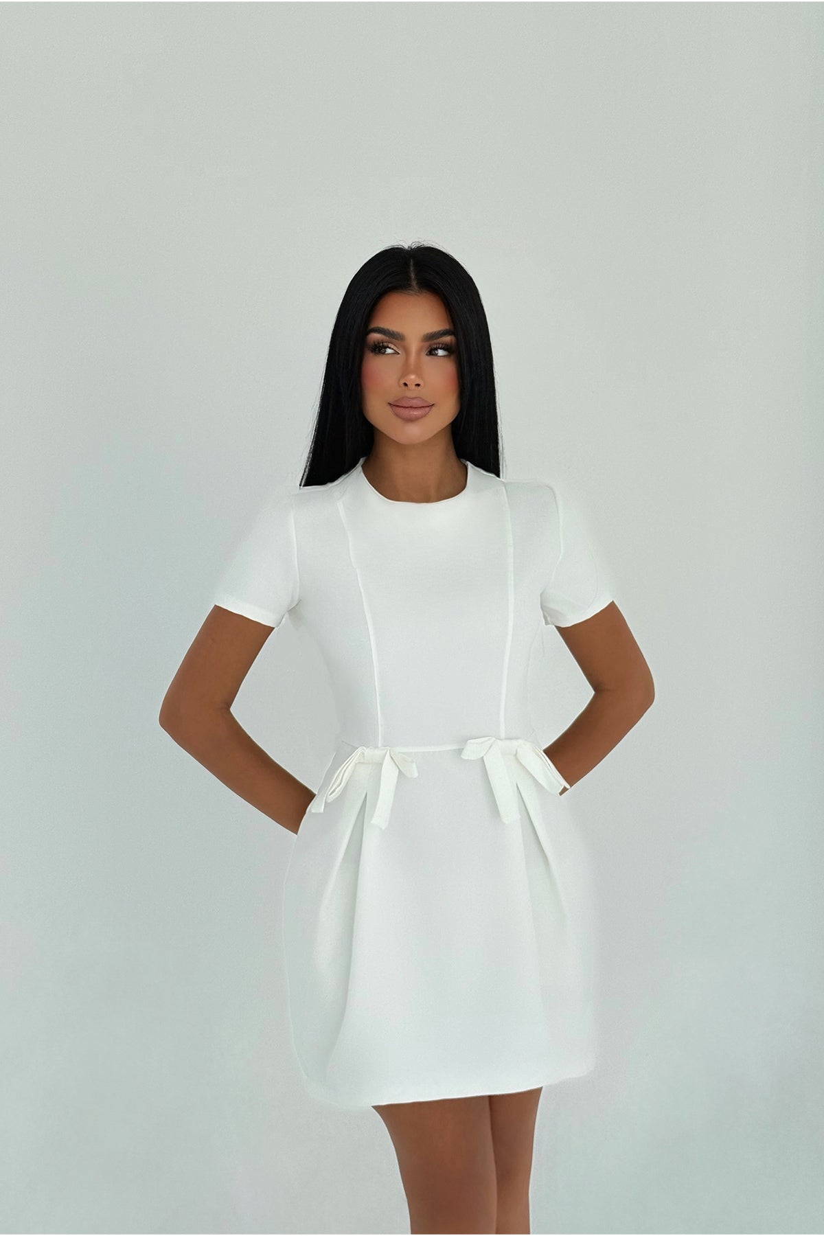 Beyaz Basic Mini Elbise ATE3145 4