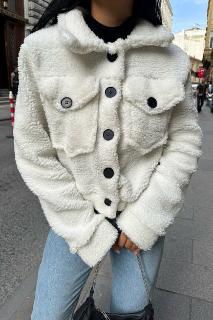 White Pocket Detail Button Jacket