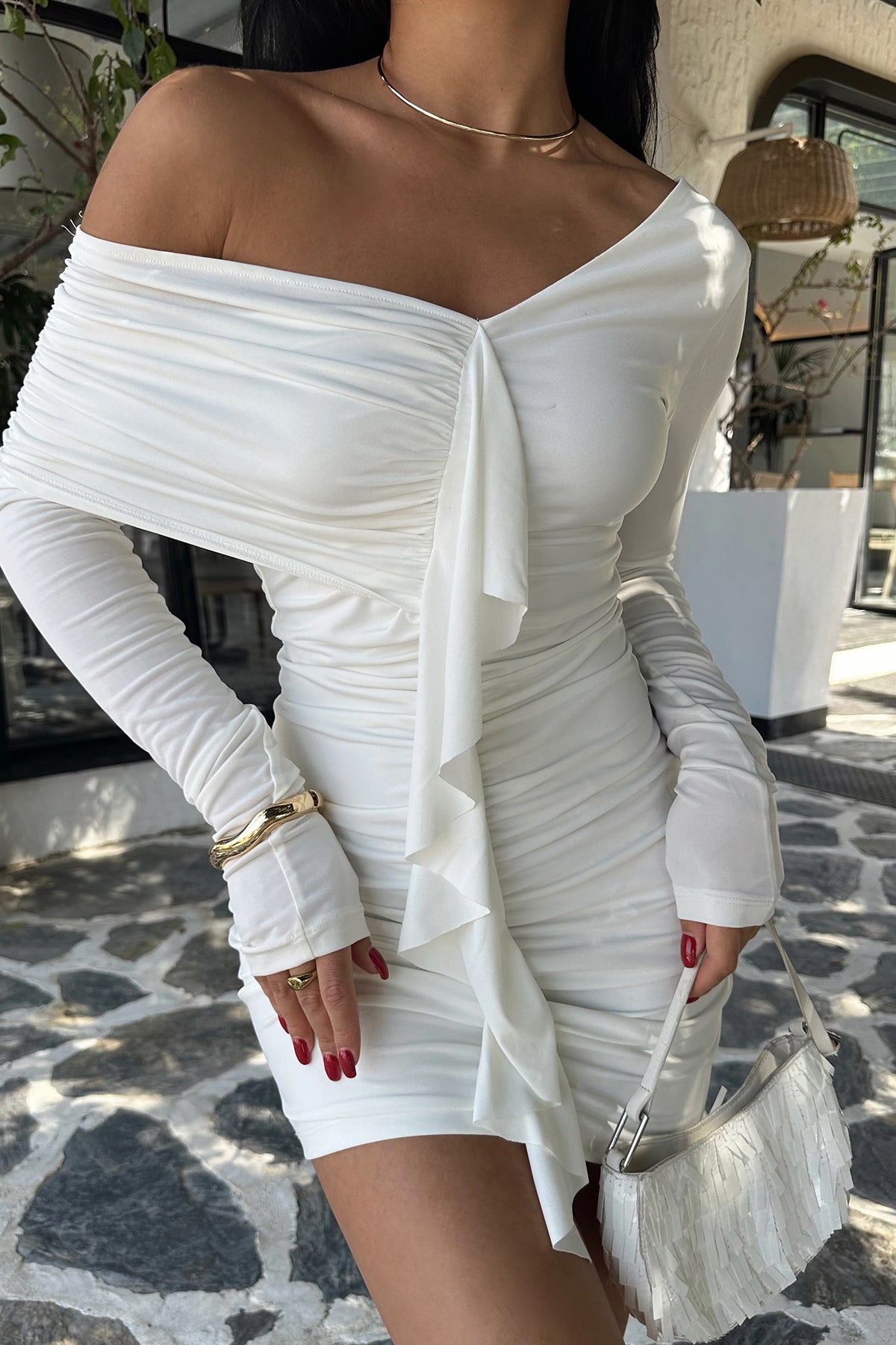 White Ruffle Detail Mini Dress