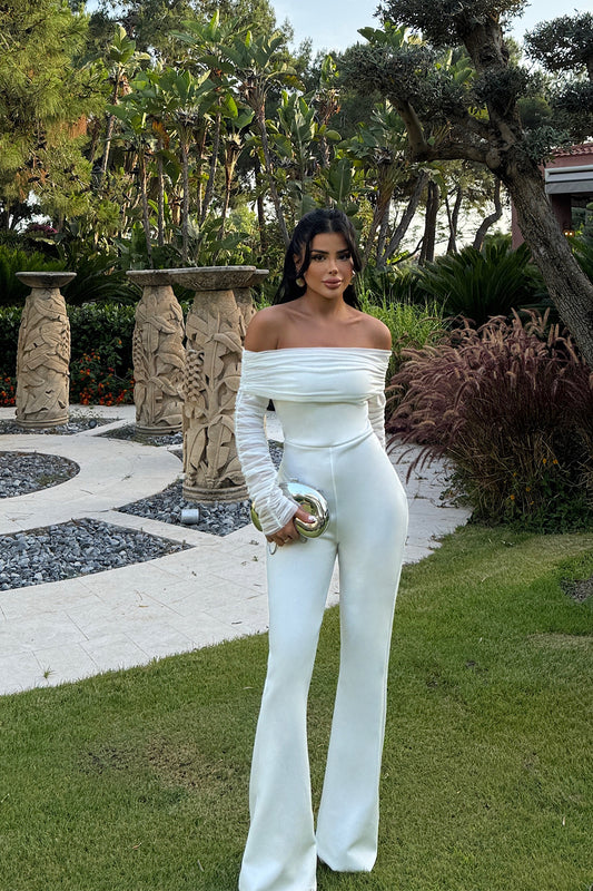 White Jumpsuit with Gathered Sleeves