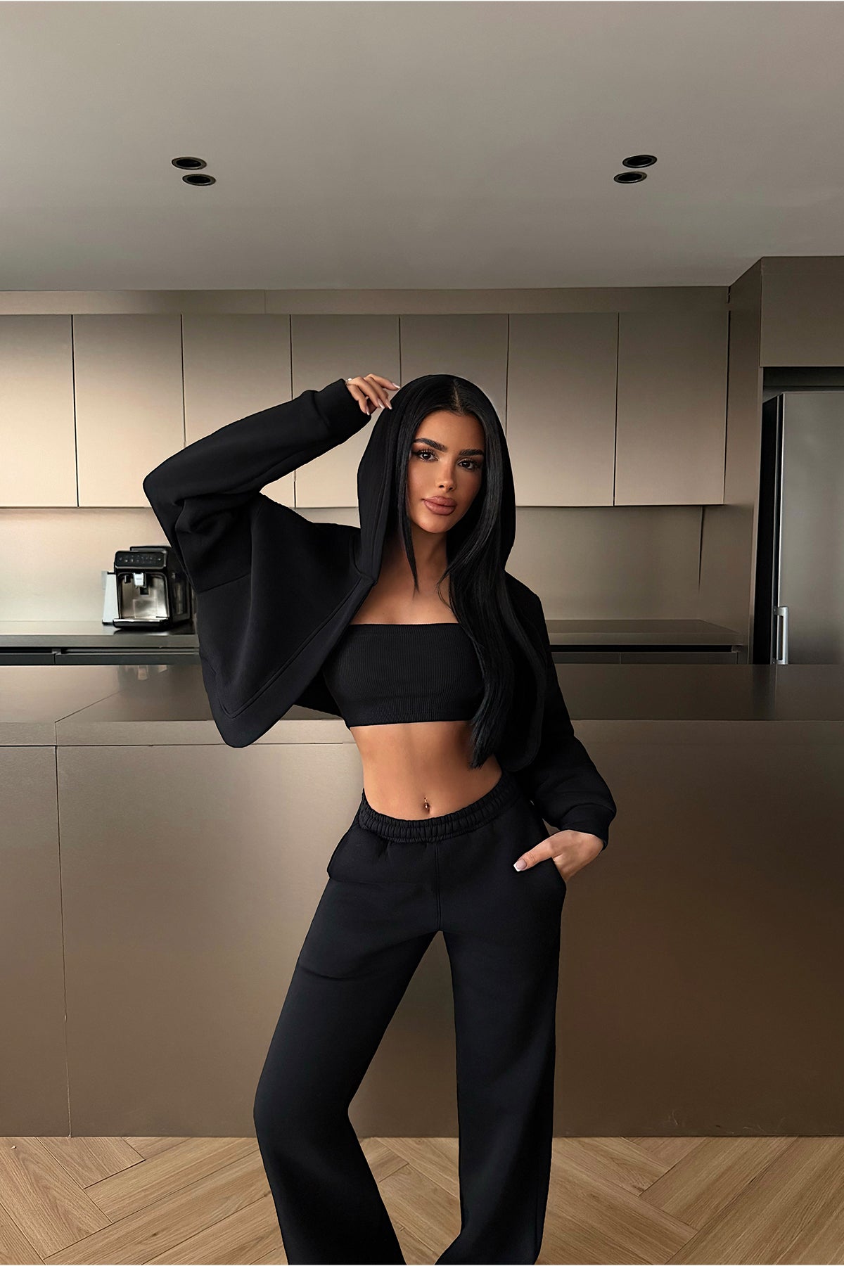 Black Hooded Three-Piece Set
