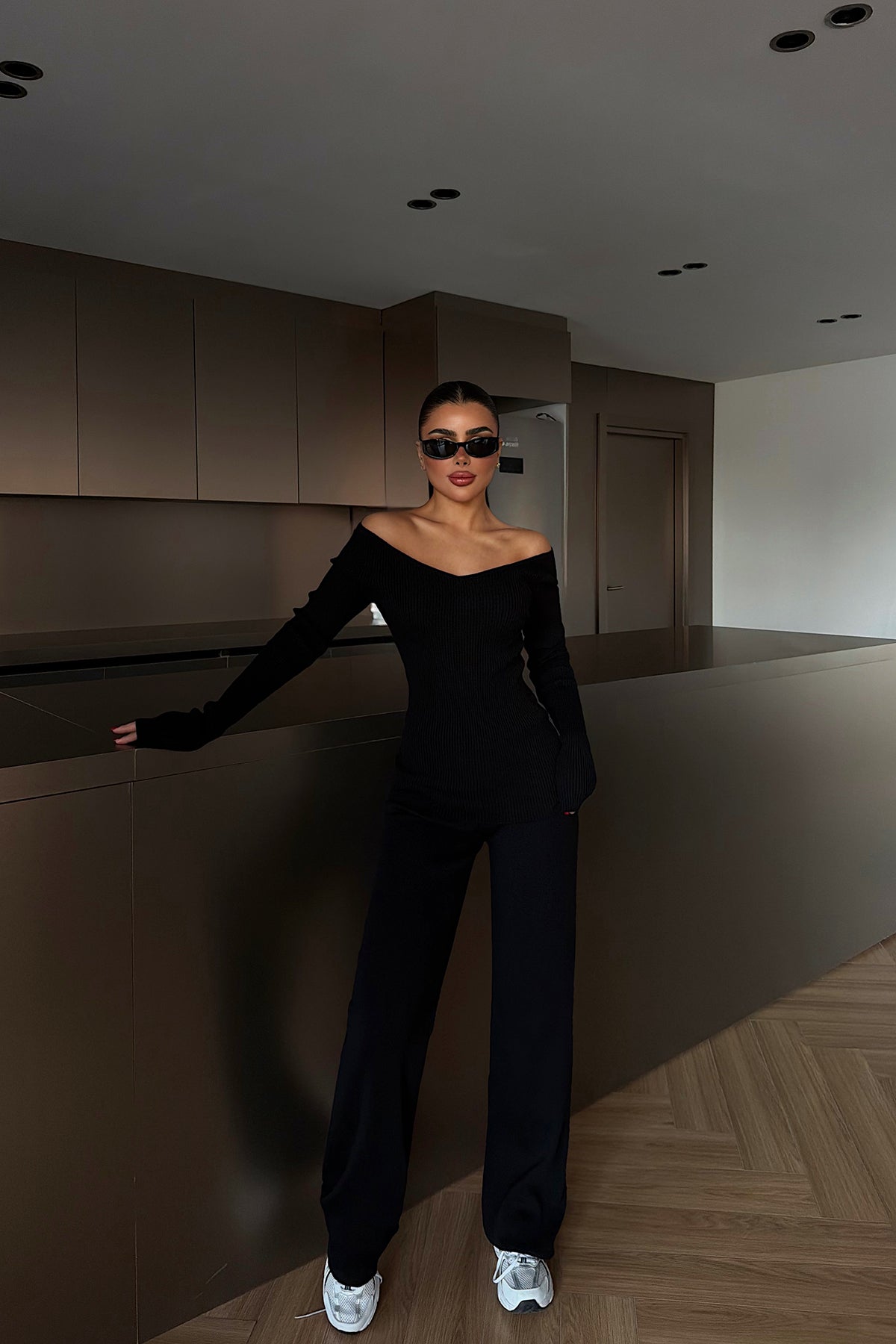 Black Off-Shoulder Knit Set