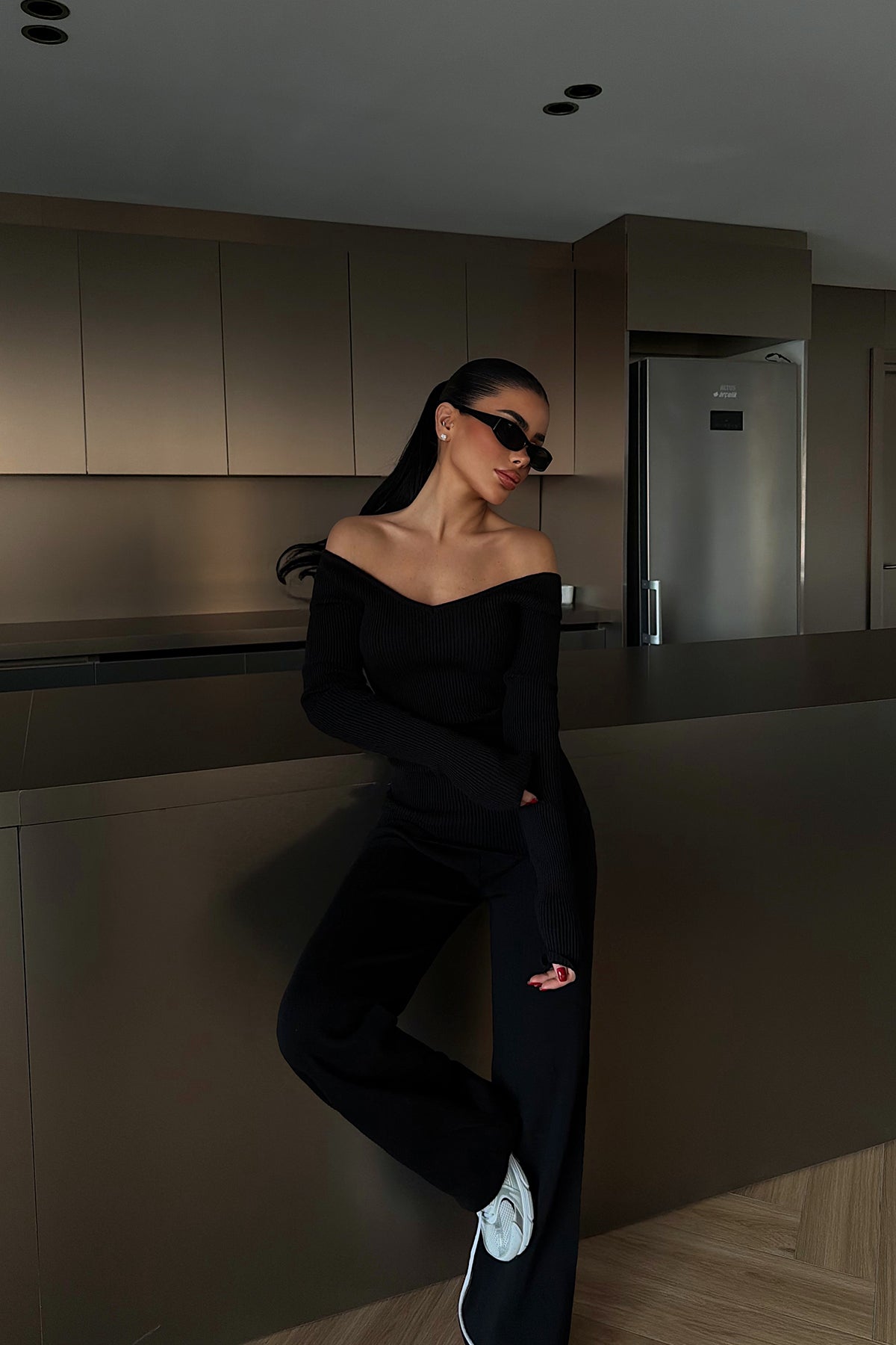 Black Off-Shoulder Knit Set