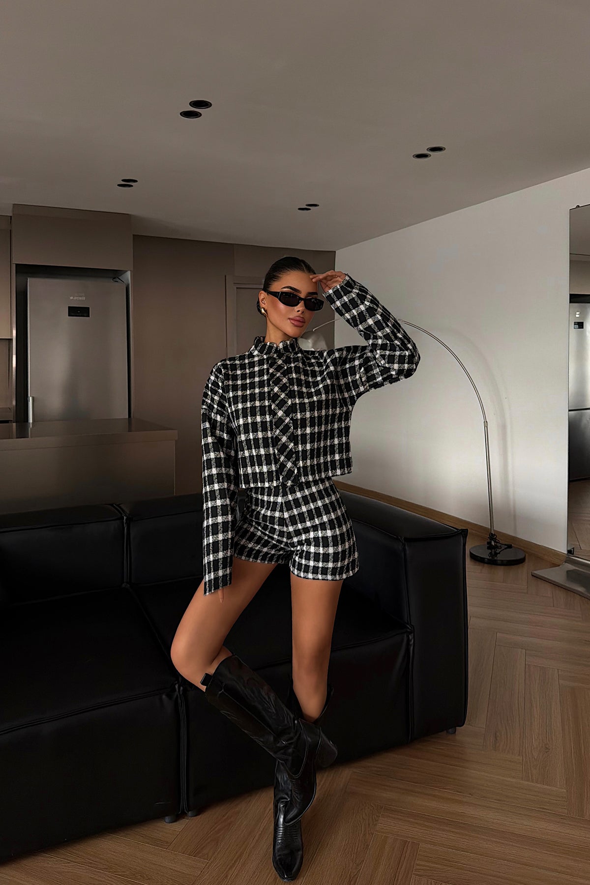 Black Plaid Shorts Set