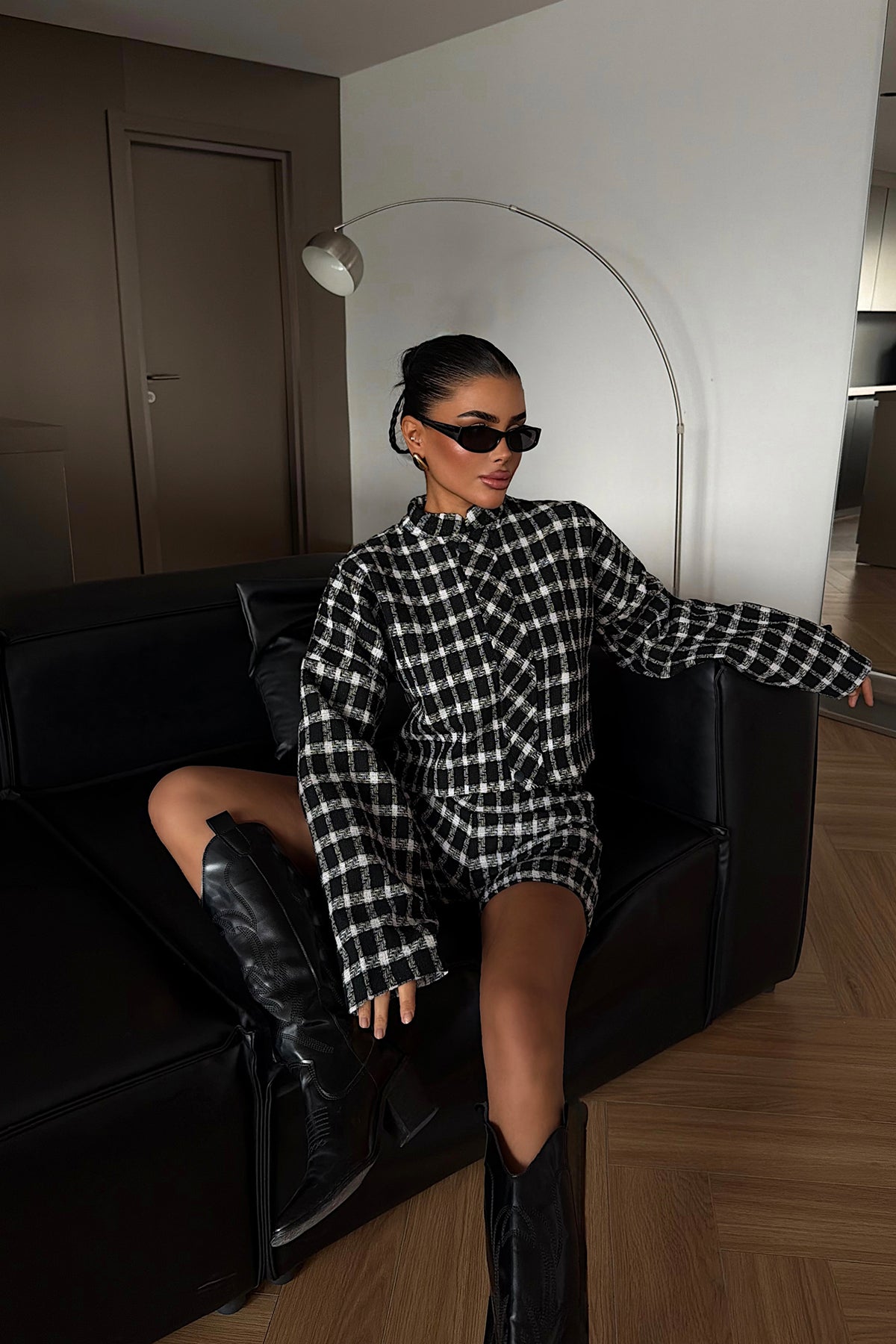 Black Plaid Shorts Set