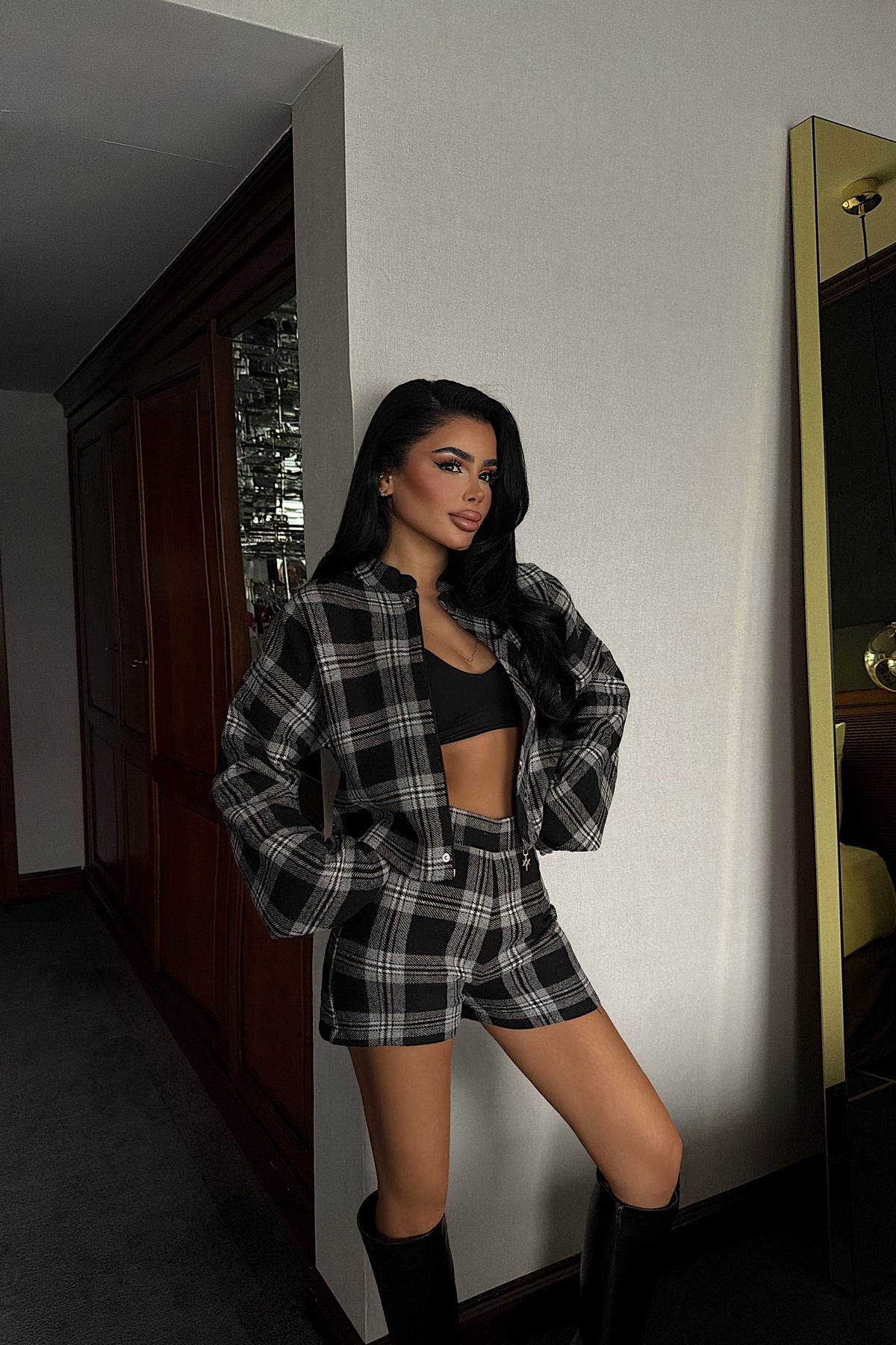 Black Plaid Shorts Set