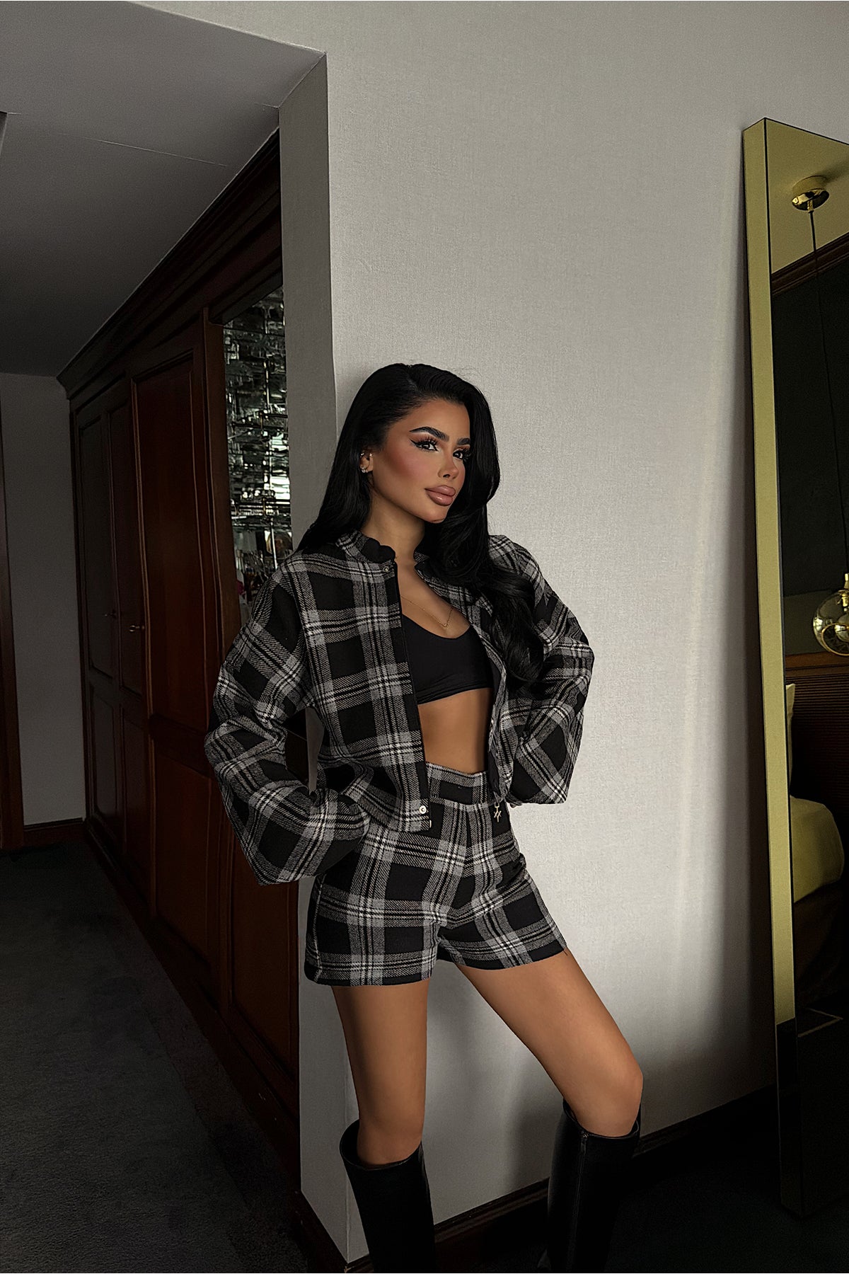 Black Plaid Shorts Set