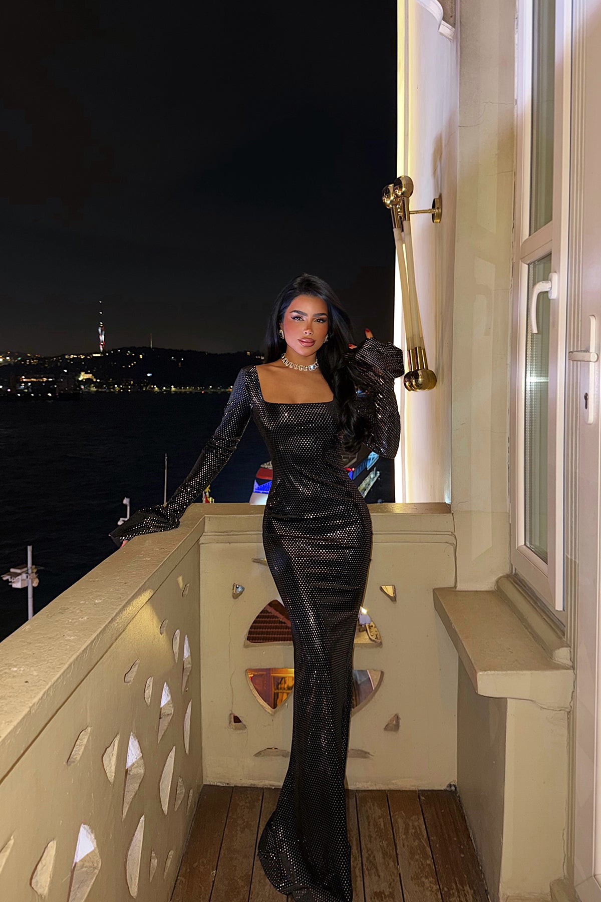 Black Sequin Detail Long Dress