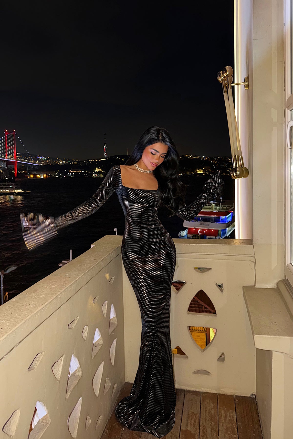 Black Sequin Detail Long Dress