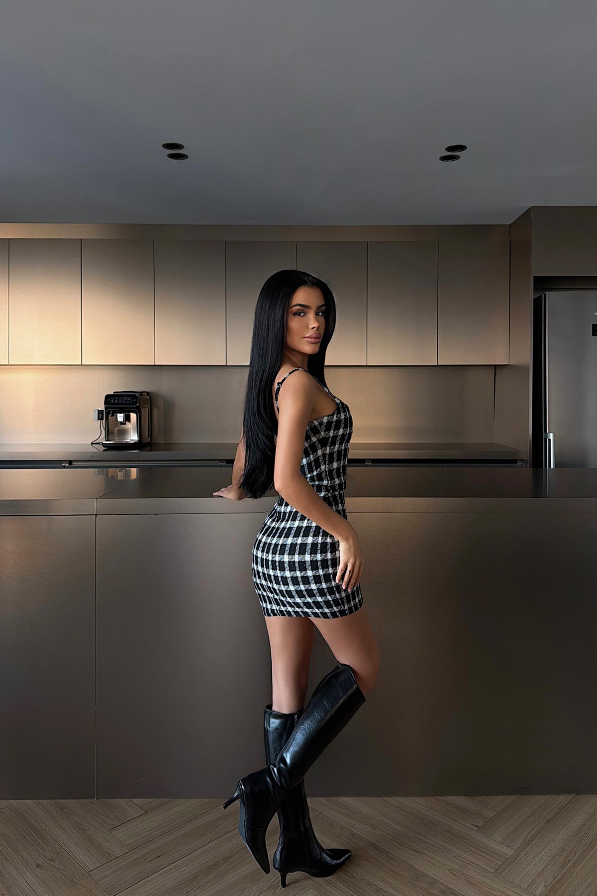 Black Strappy Plaid Mini Dress