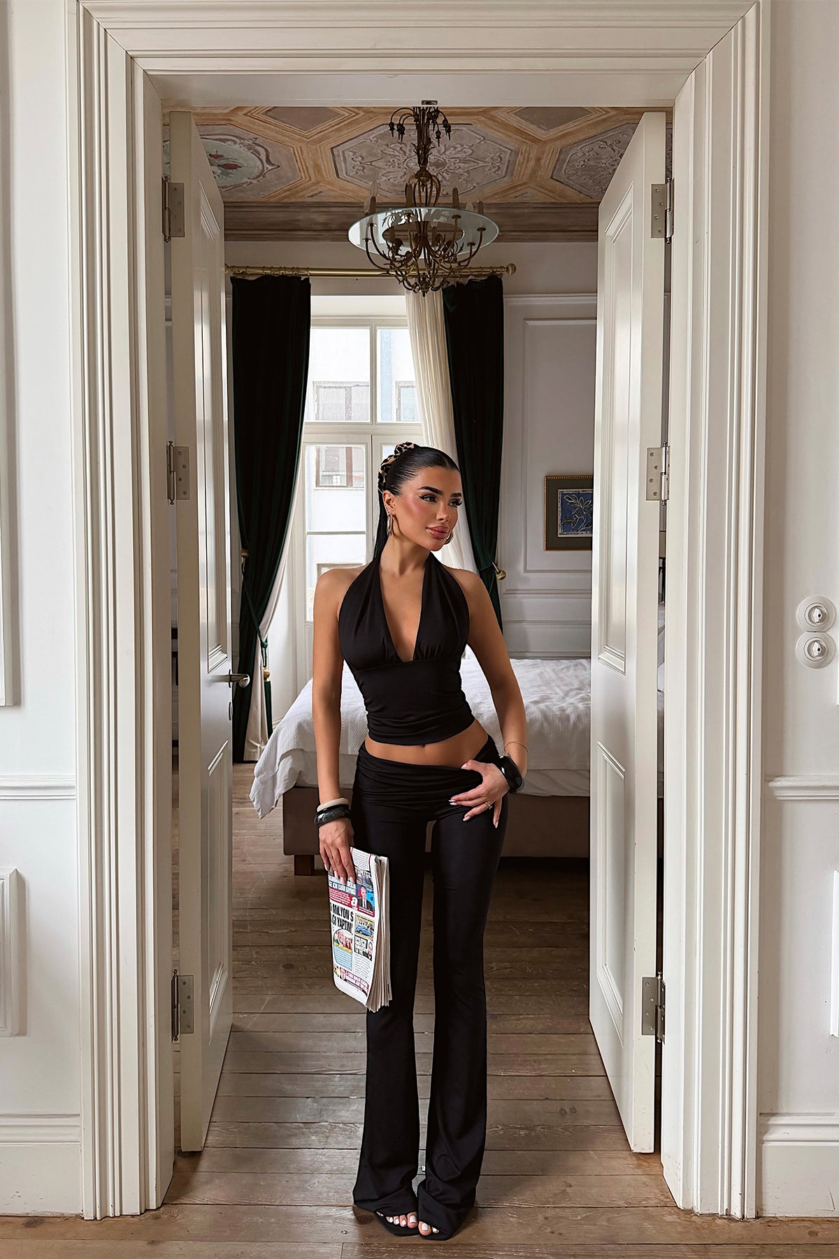 Black V-Neck Leggings Set