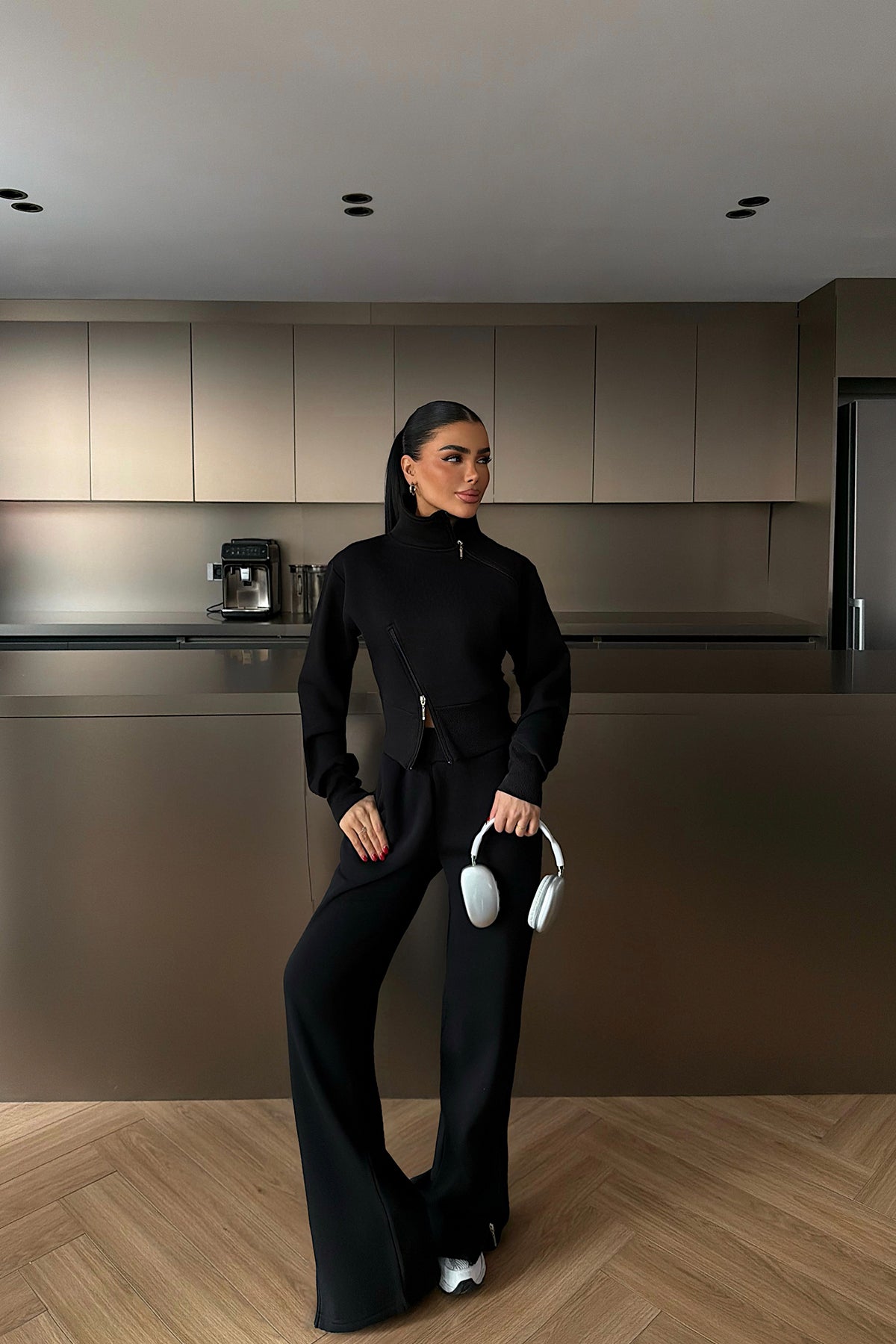 Black Zipper Detail Tracksuit Set
