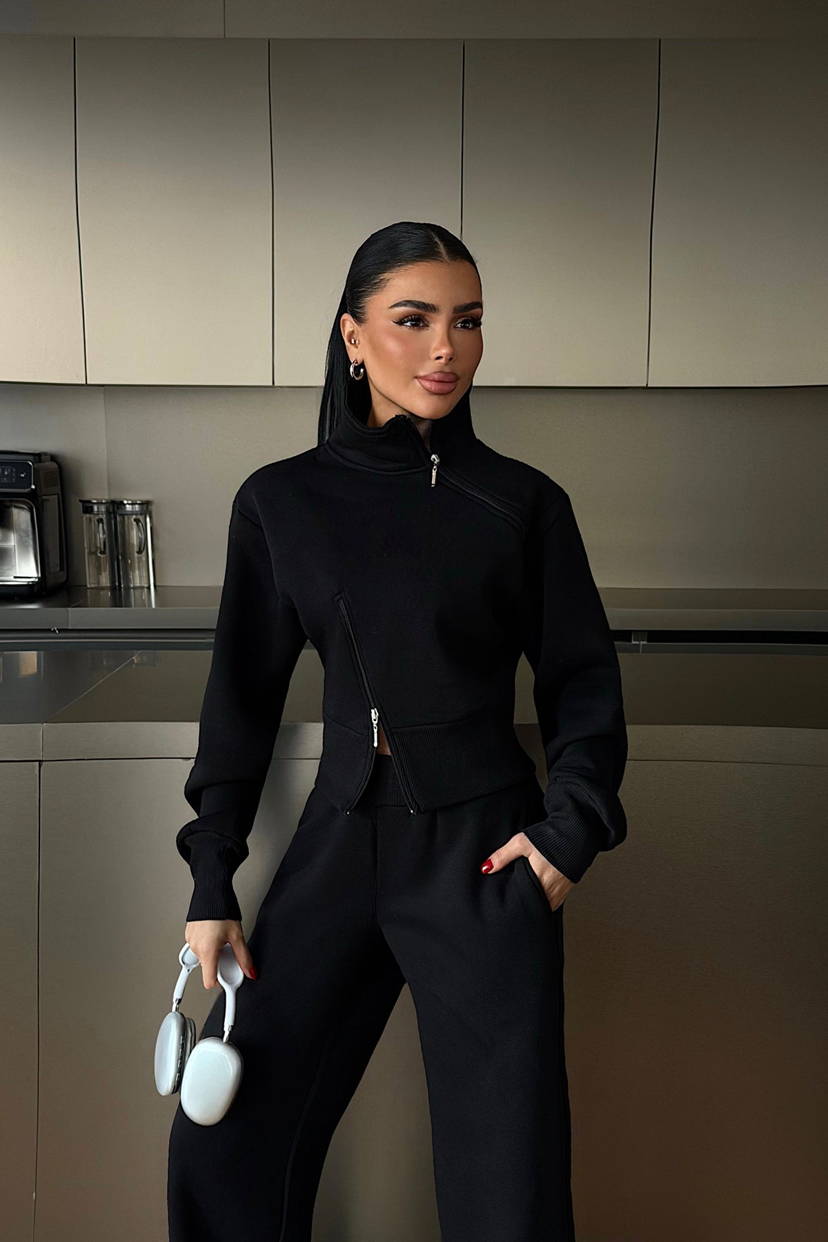 Black Zipper Detail Tracksuit Set