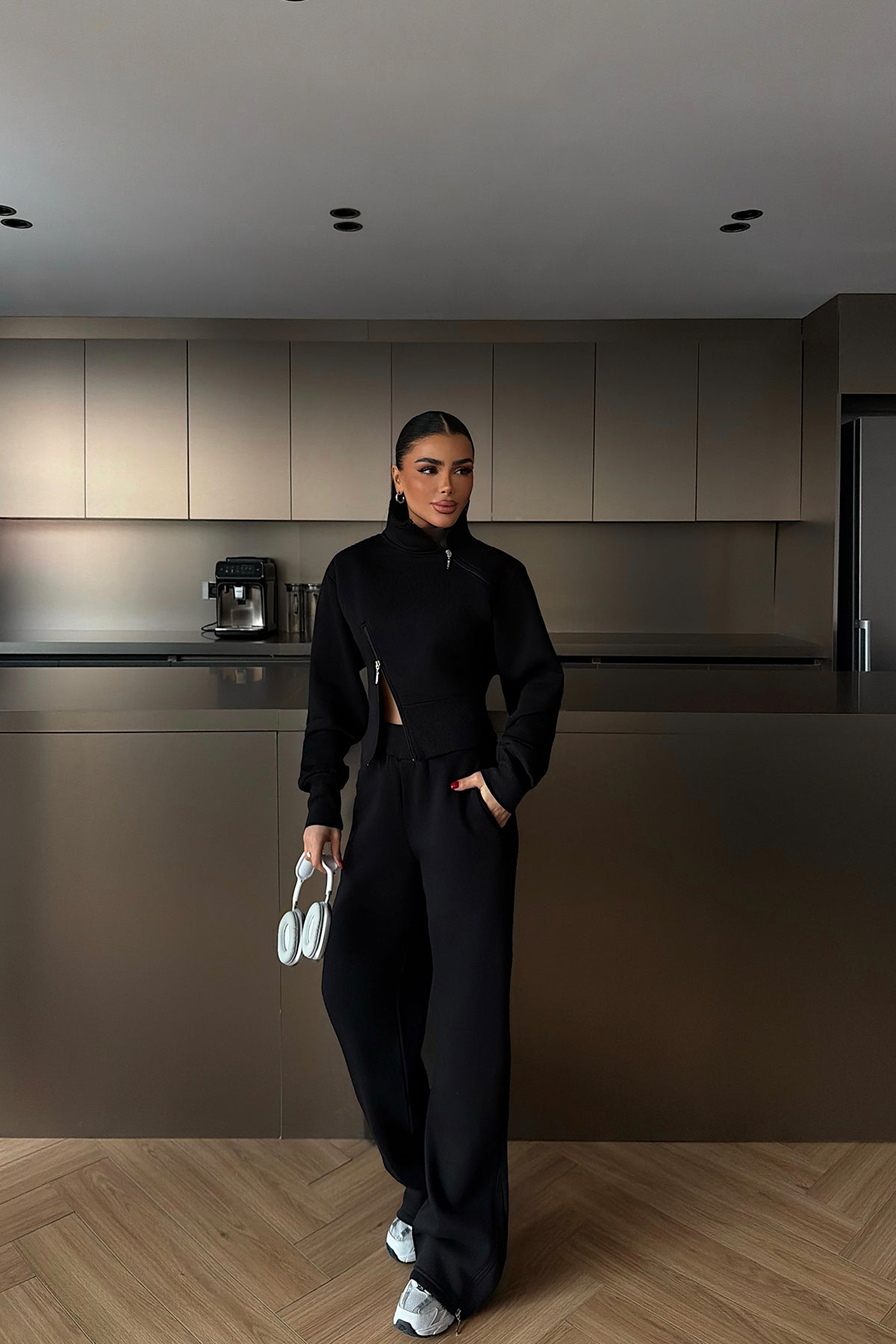 Black Zipper Detail Tracksuit Set