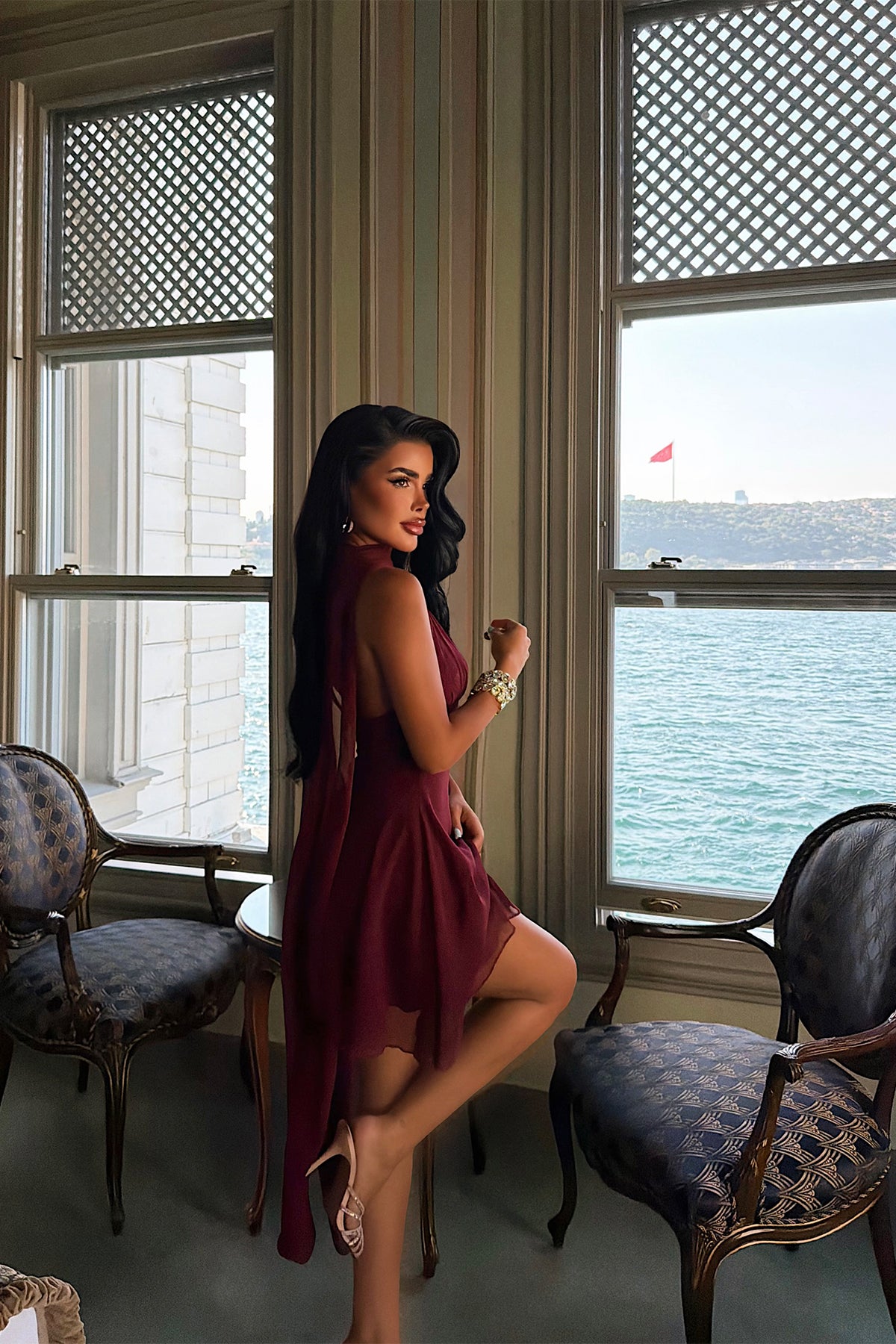 Bordo Şal Detay Elbise 16
