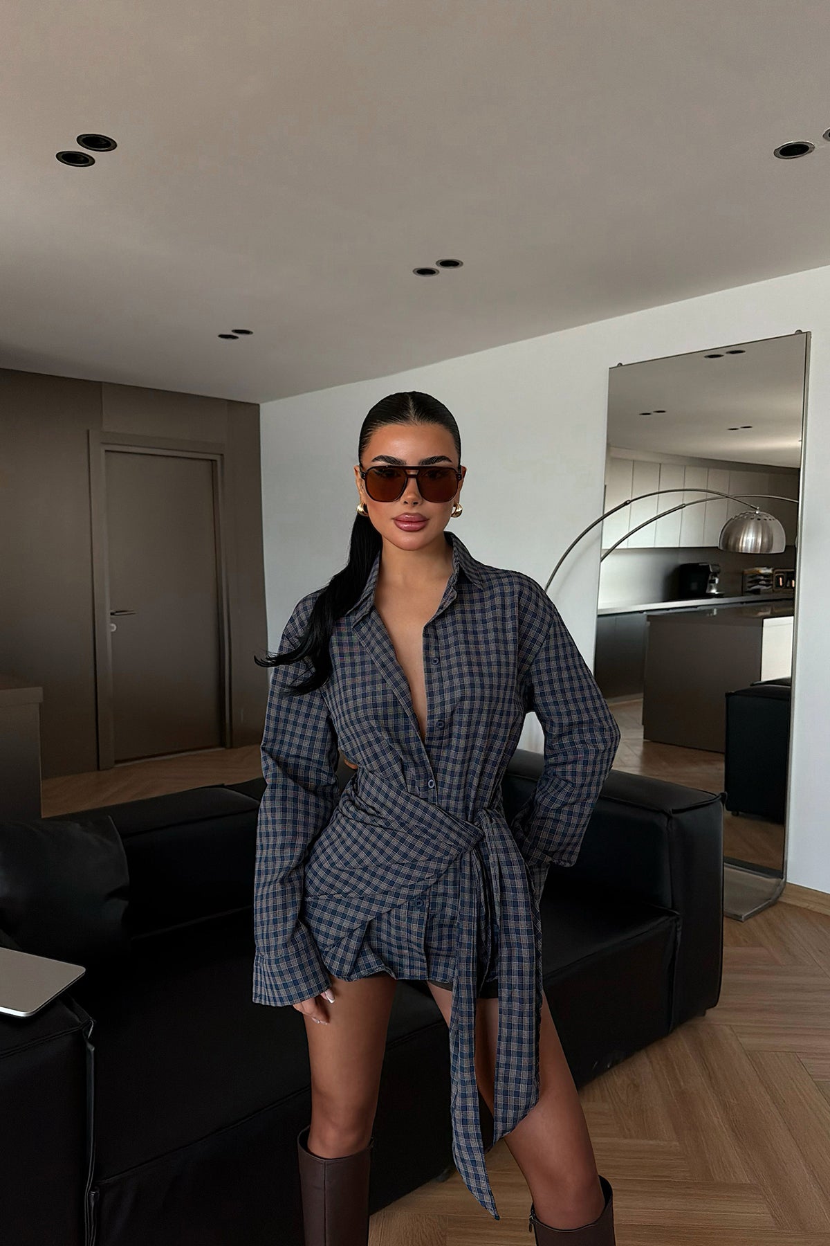 Brown Checked Button-Front Shirt