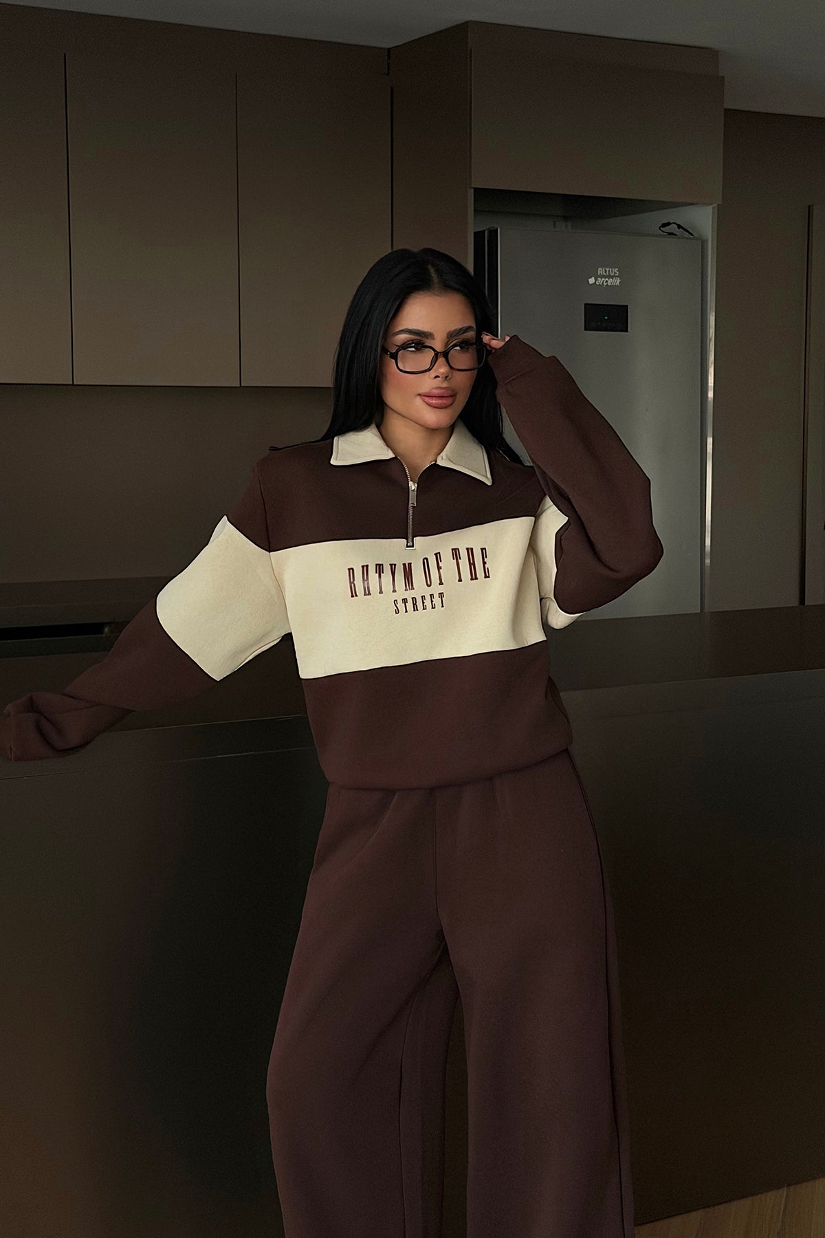 Brown Collar Detail Tracksuit Set