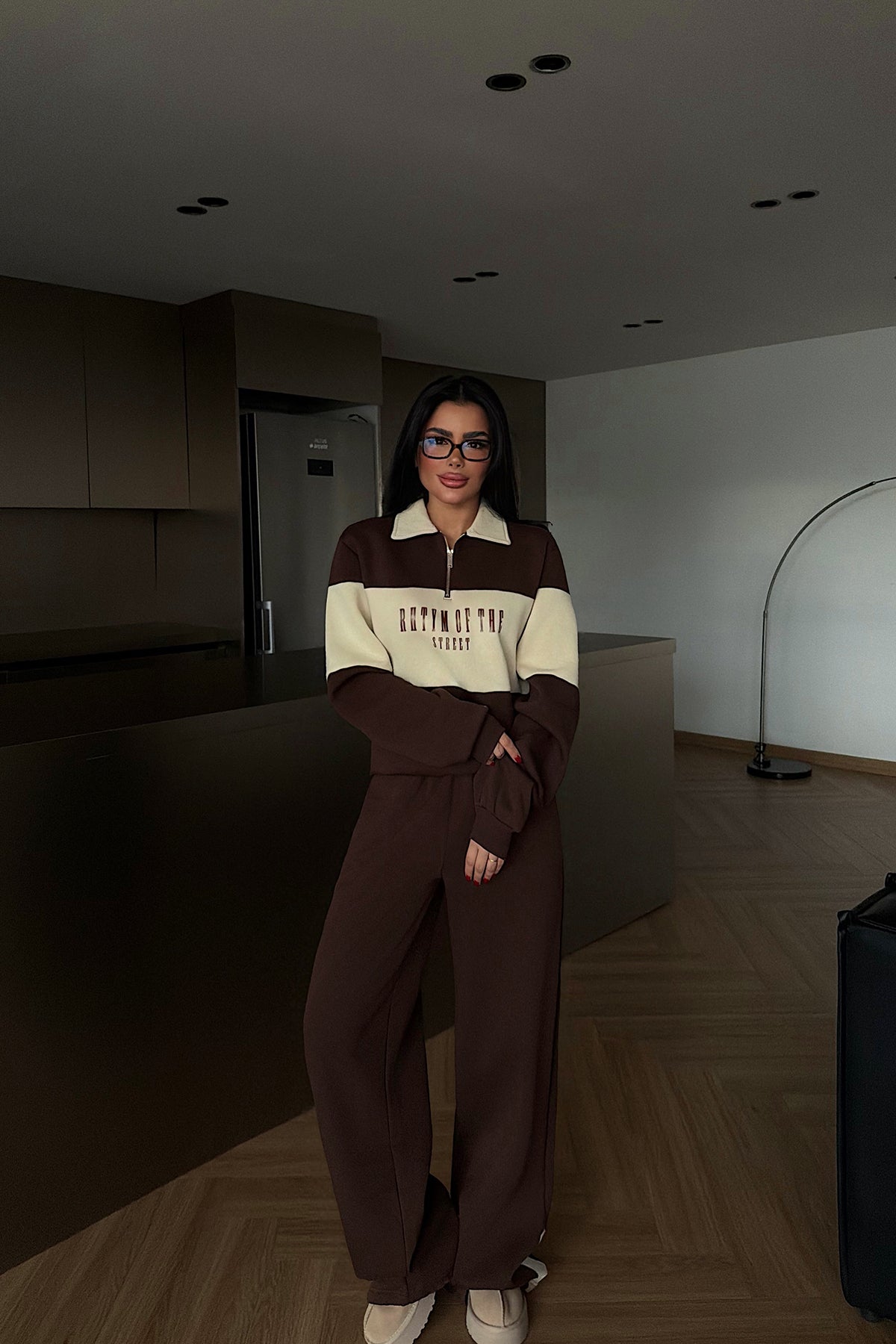 Brown Collar Detail Tracksuit Set