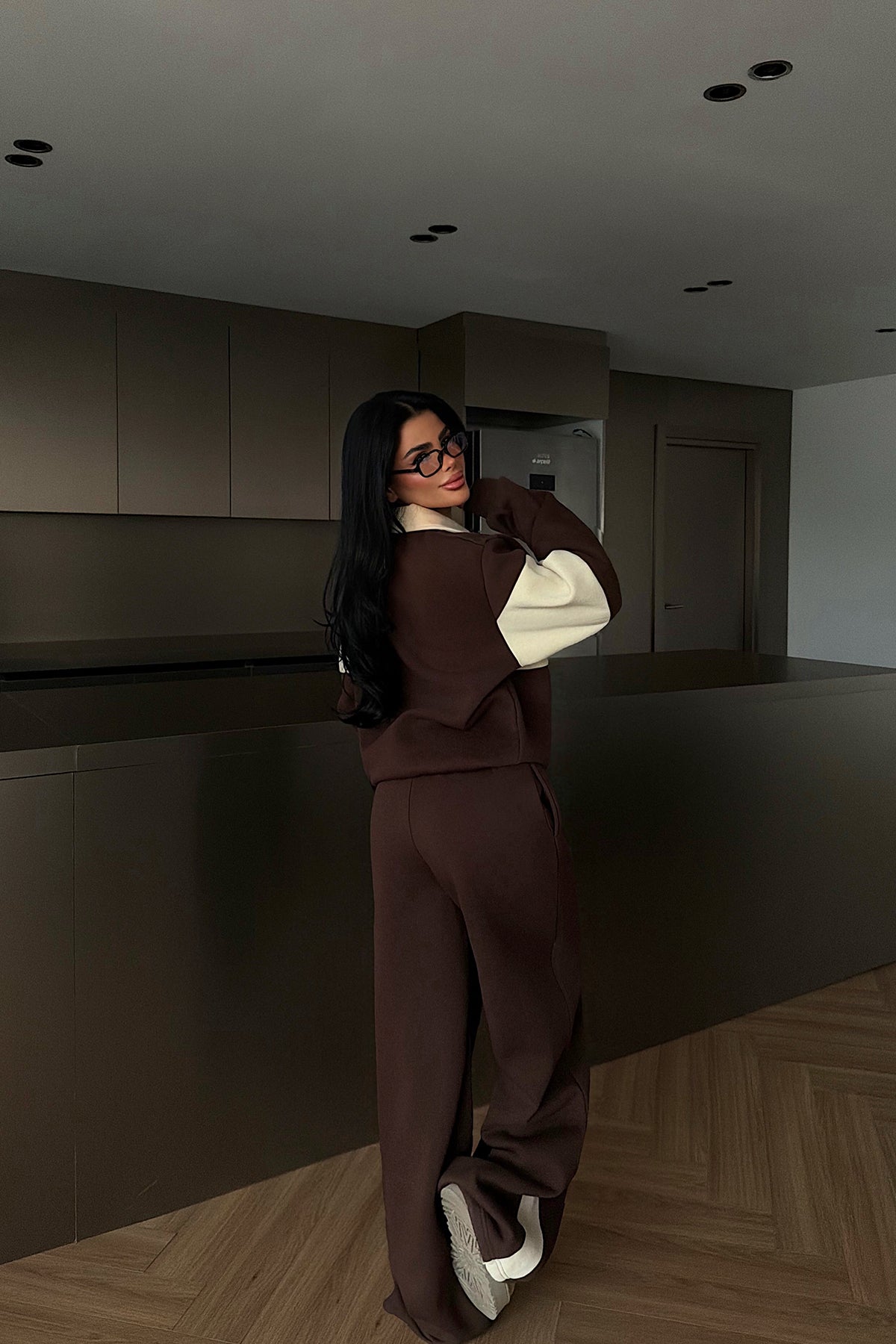 Brown Collar Detail Tracksuit Set
