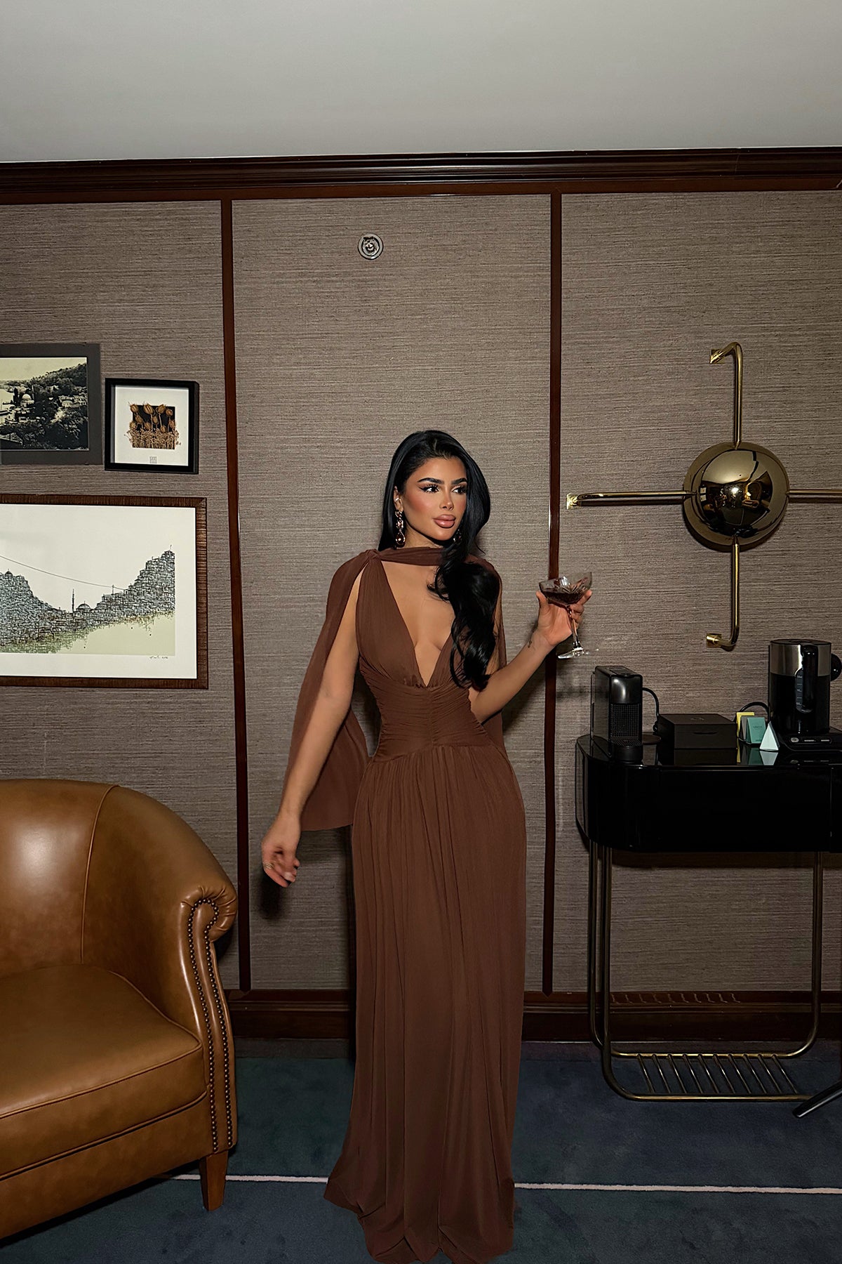Brown Gathered Detail Dress