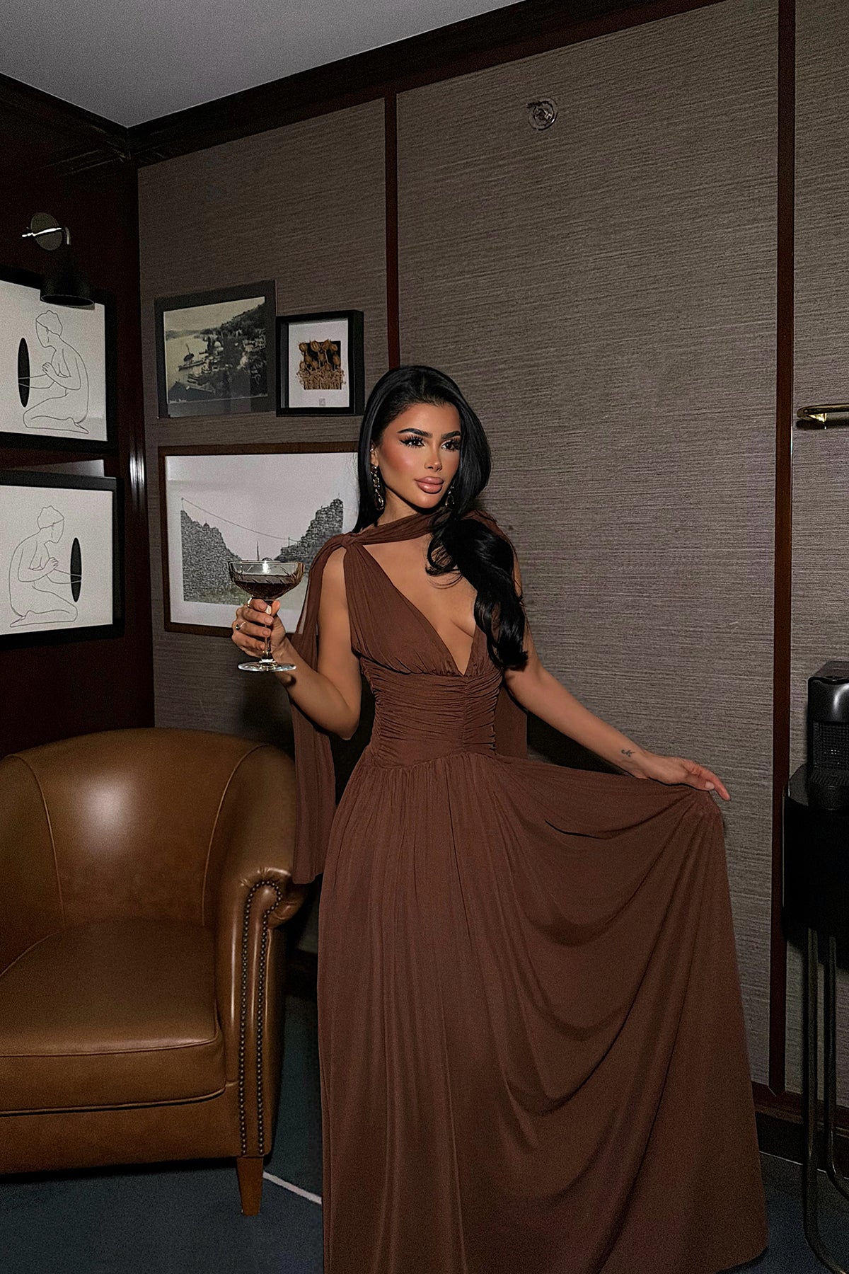 Brown Gathered Detail Dress