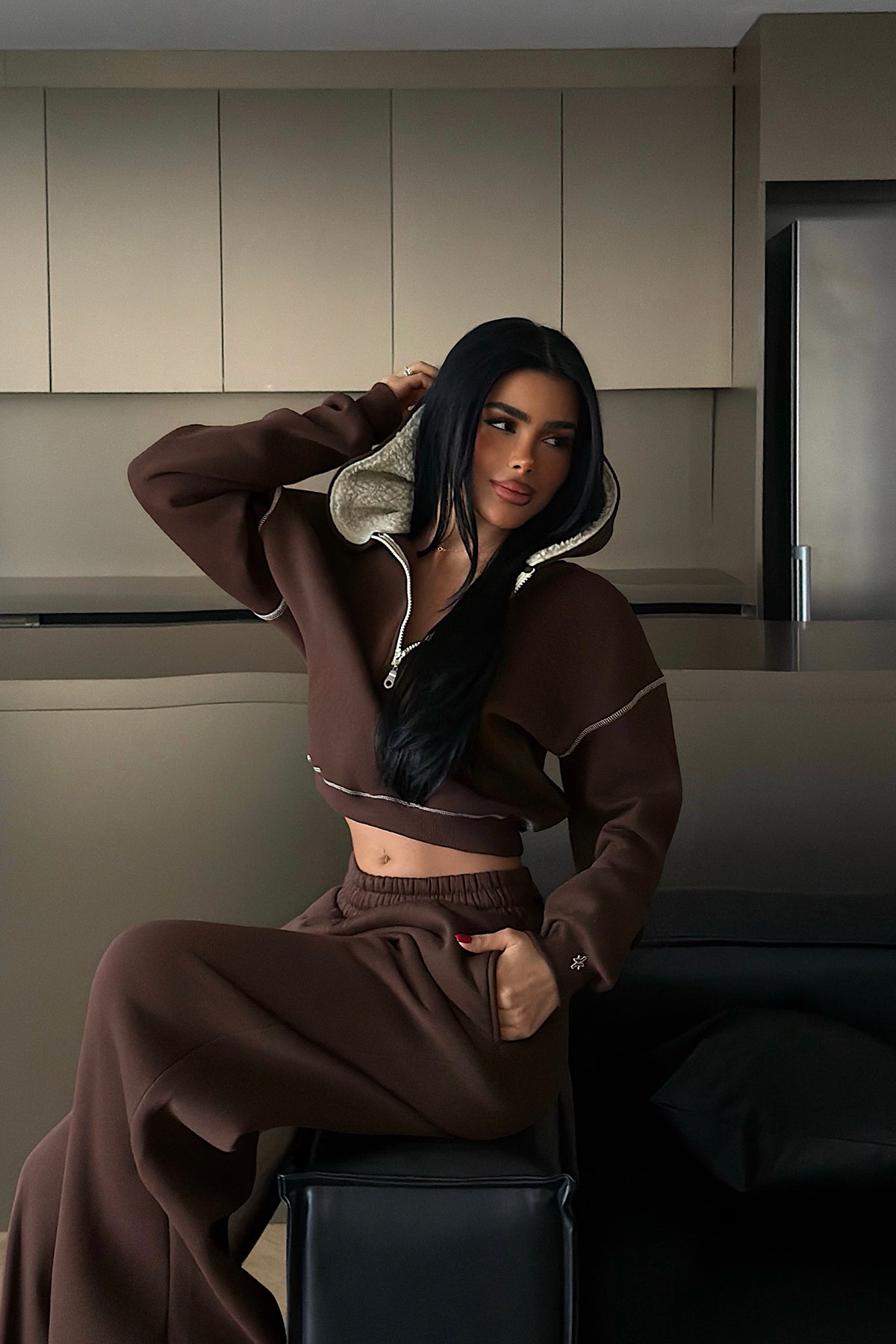 Brown Half-Zip Tracksuit Set