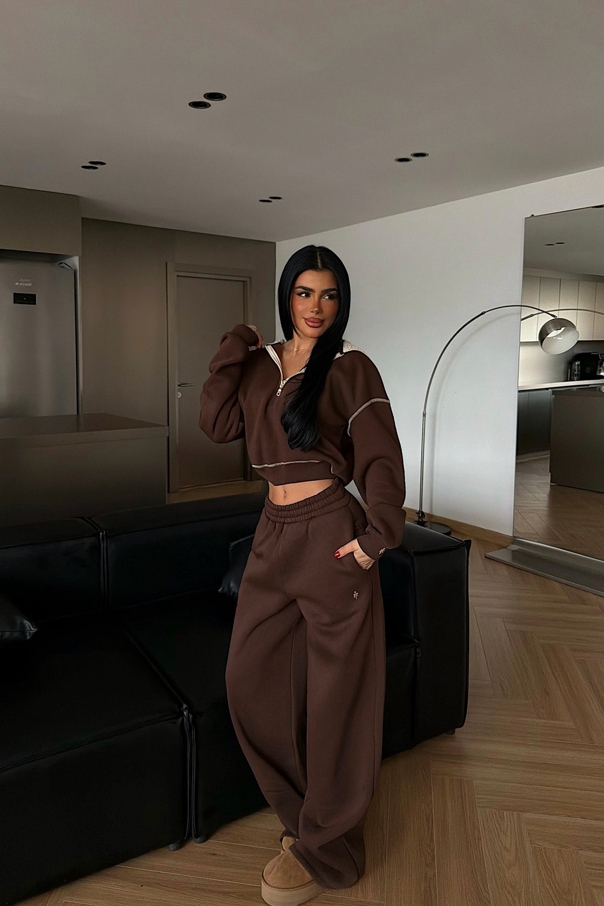 Brown Half-Zip Tracksuit Set