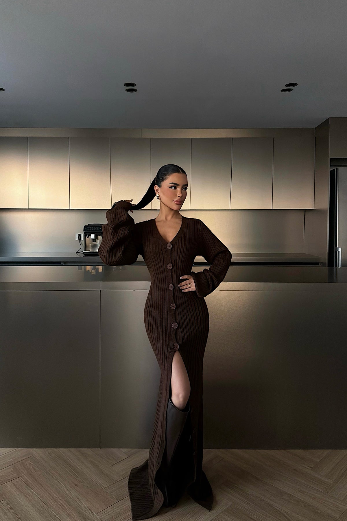 Brown Knit Button-Down Dress
