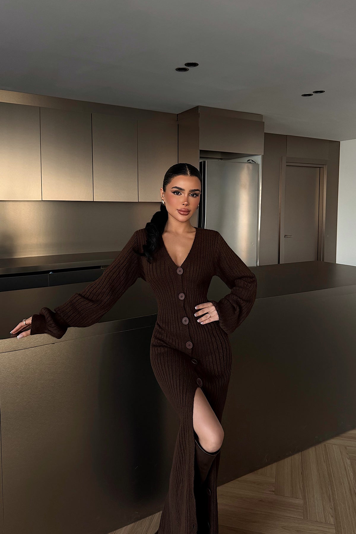 Brown Knit Button-Down Dress