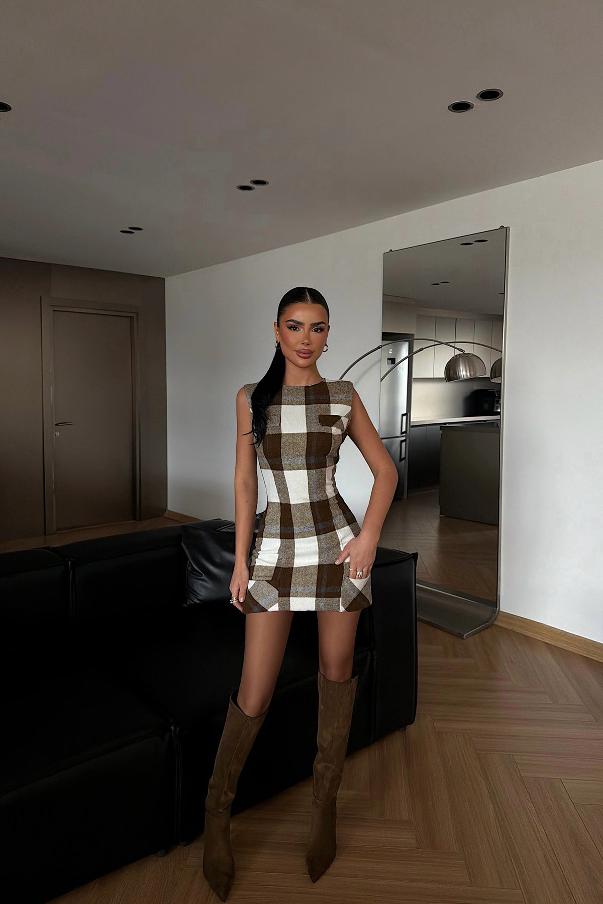 Brown Plaid Sleeveless Dress
