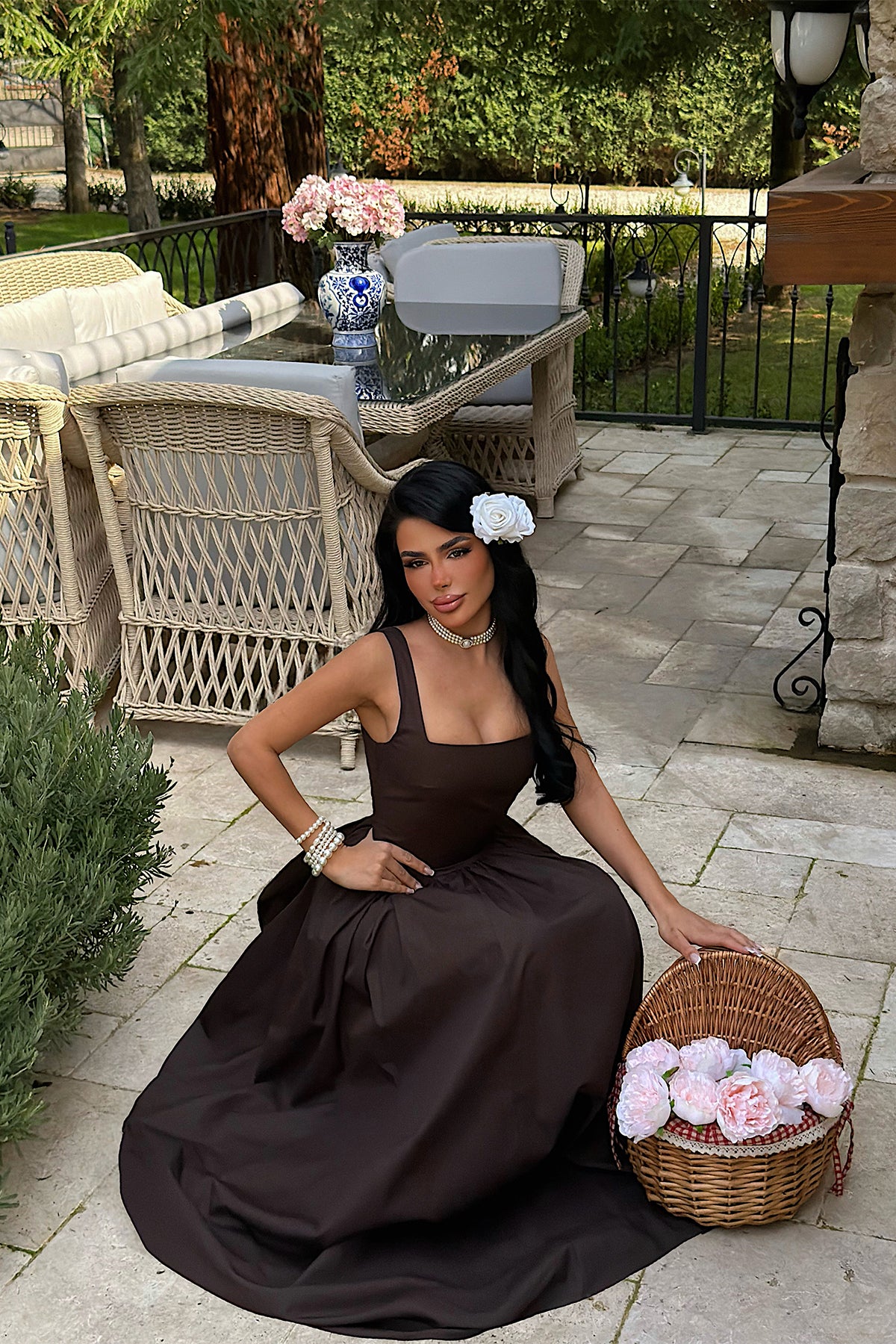 Brown Square Neck Strappy Long Dress