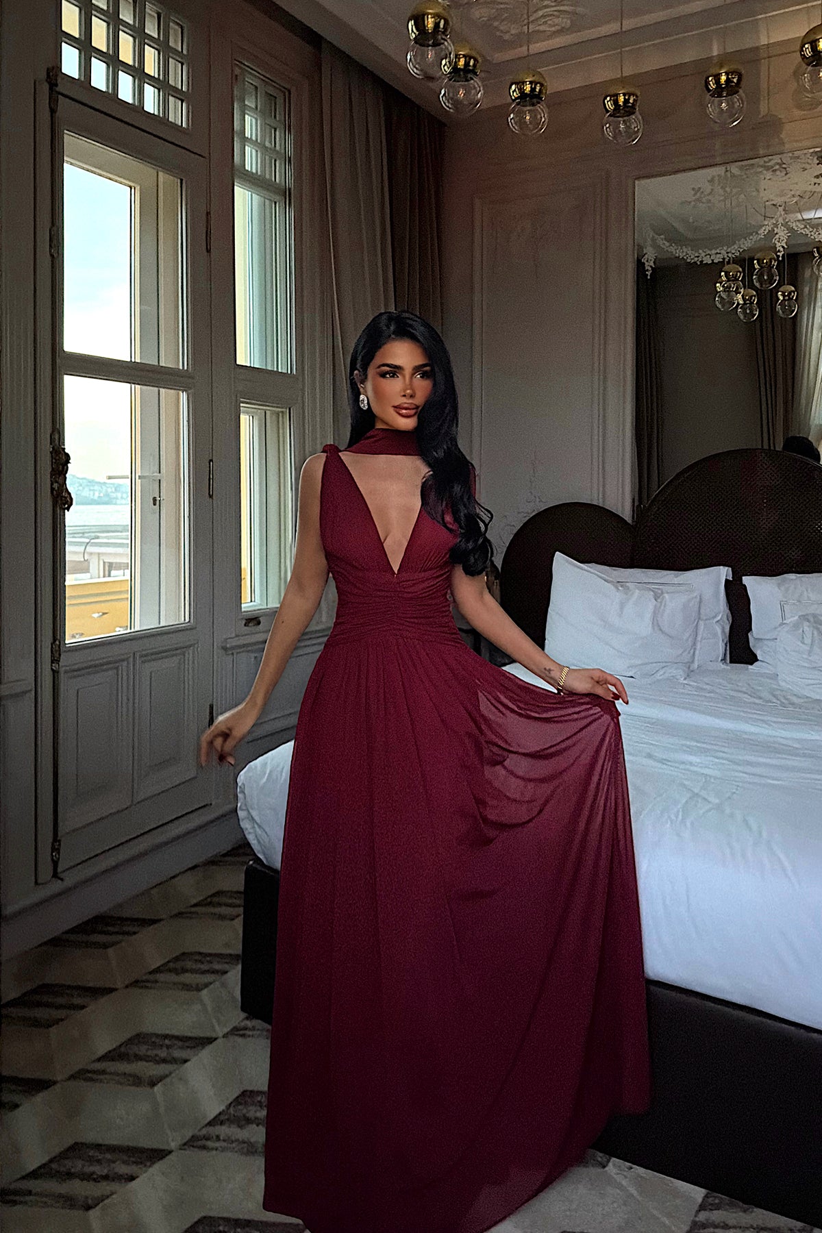 Burgundy Gathered Detail Dress