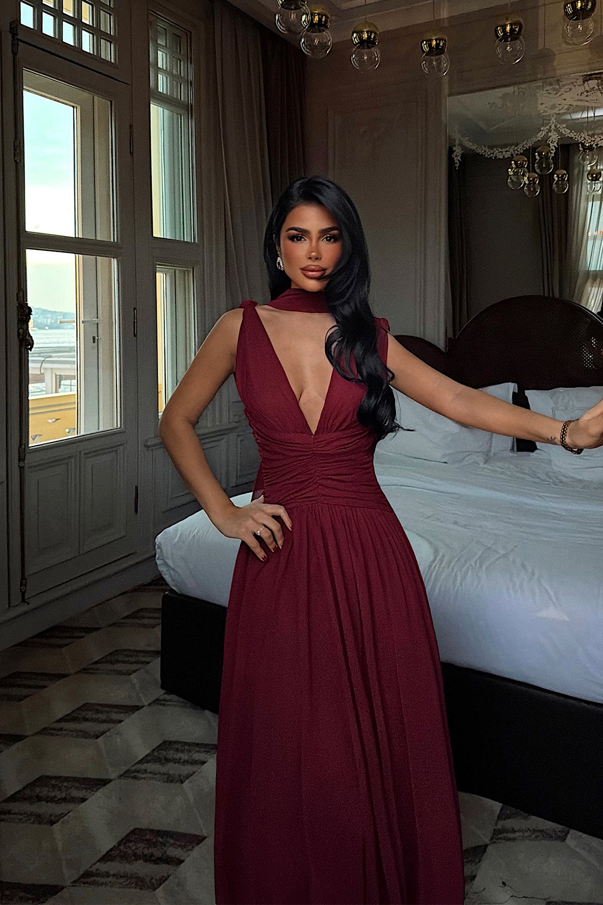 Burgundy Gathered Detail Dress